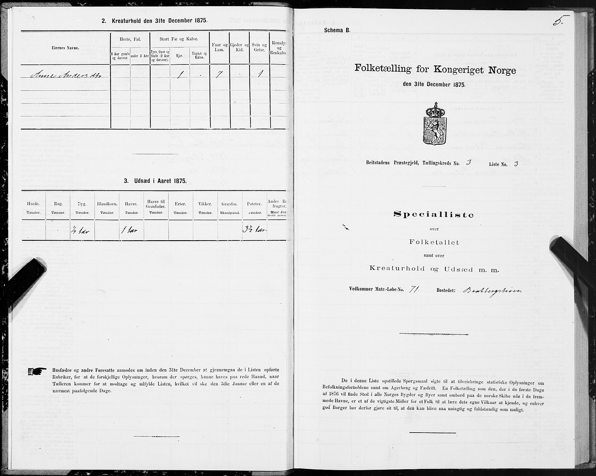 SAT, 1875 census for 1727P Beitstad, 1875, p. 2005