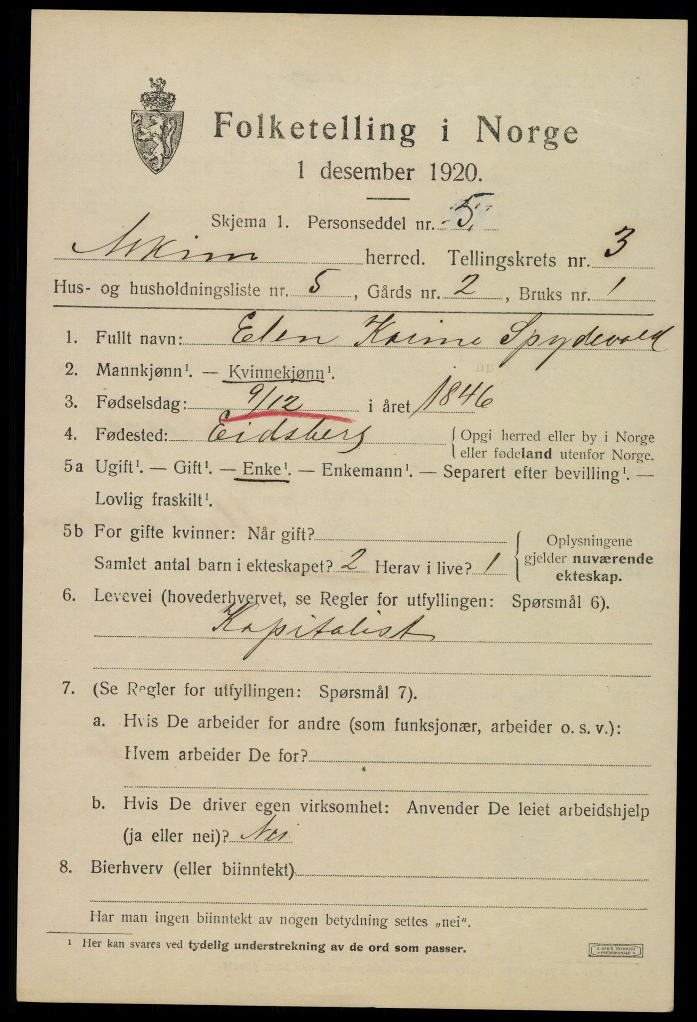 SAO, 1920 census for Askim, 1920, p. 6795