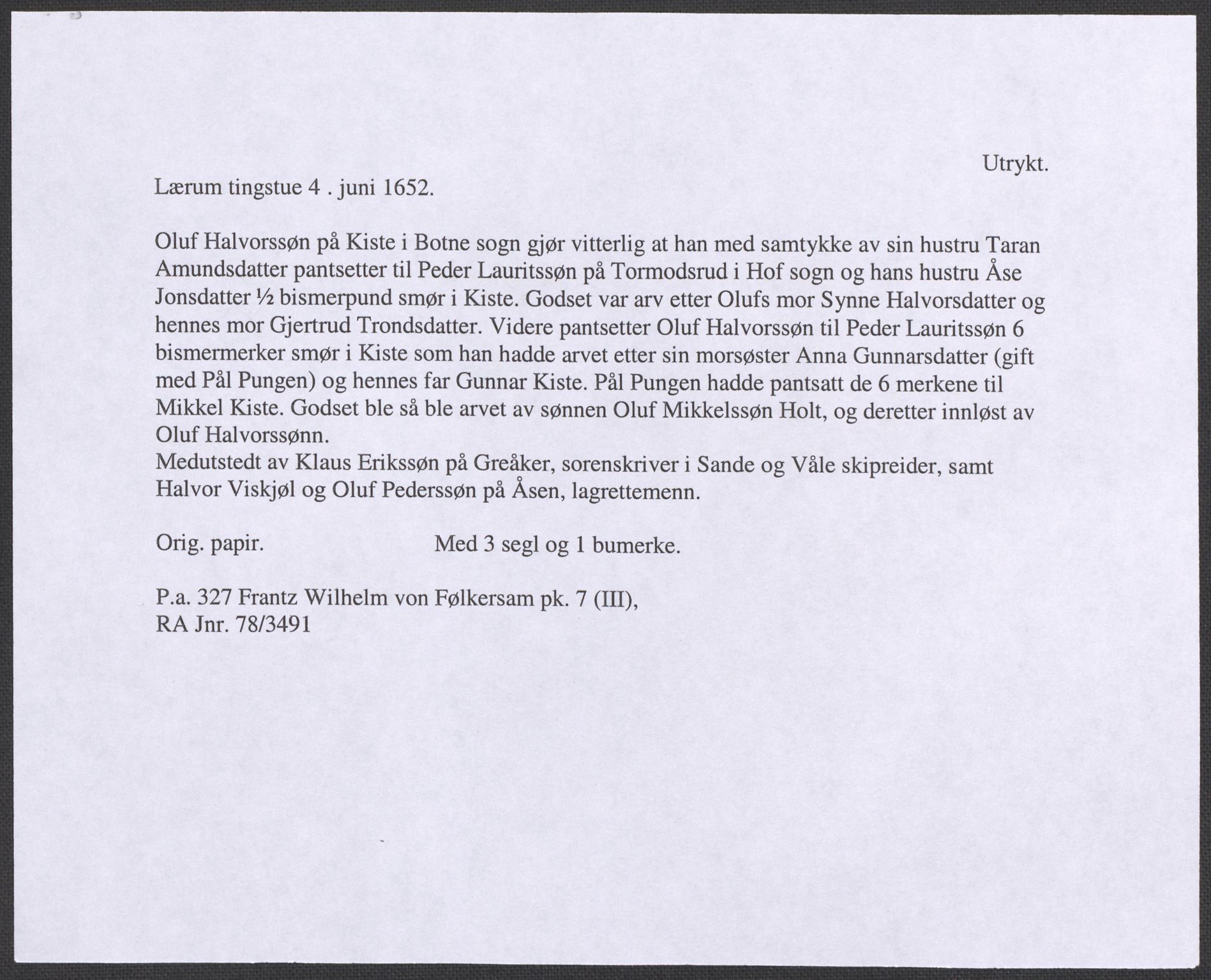 Riksarkivets diplomsamling, RA/EA-5965/F12/L0006: Pk. 7 (III), 1589-1716, p. 85