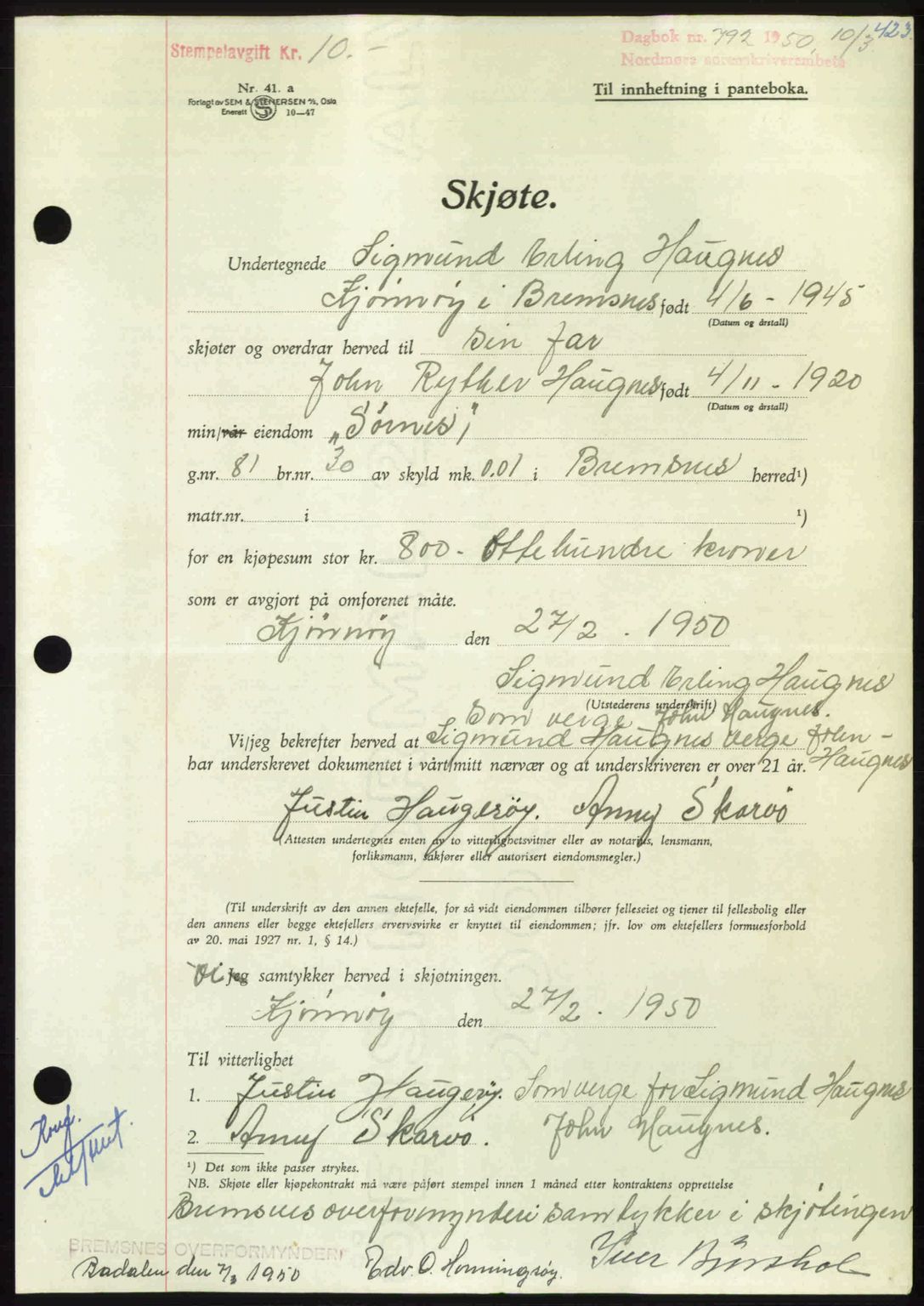 Nordmøre sorenskriveri, AV/SAT-A-4132/1/2/2Ca: Mortgage book no. A114, 1950-1950, Diary no: : 792/1950