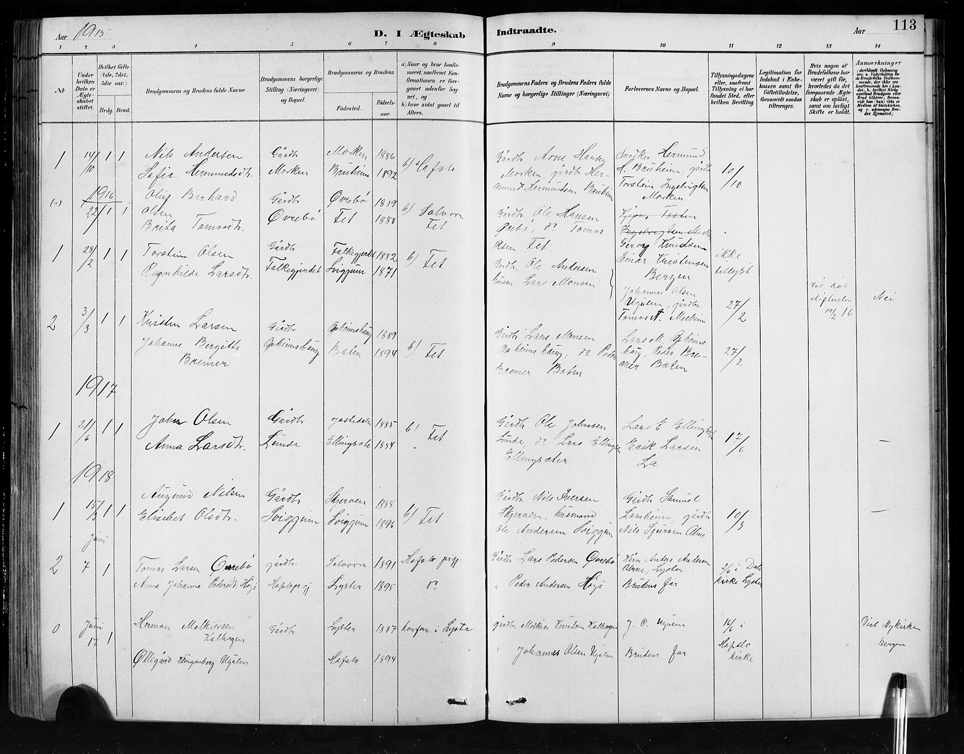 Jostedal sokneprestembete, SAB/A-80601/H/Hab/Habb/L0001: Parish register (copy) no. B 1, 1882-1921, p. 113