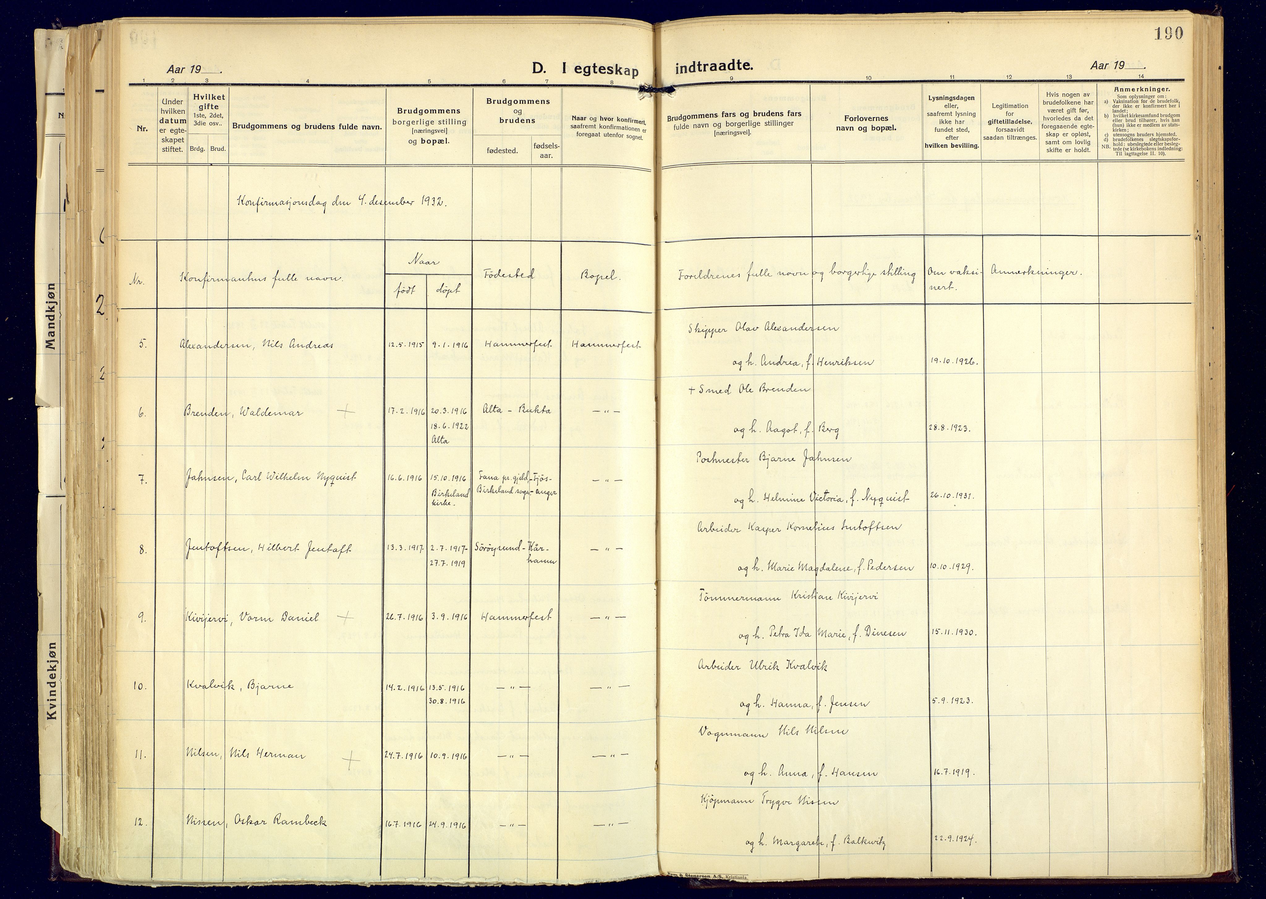 Hammerfest sokneprestkontor, AV/SATØ-S-1347/H/Ha/L0017.kirke: Parish register (official) no. 17, 1923-1933, p. 190