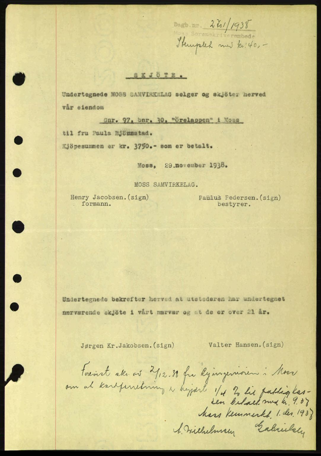 Moss sorenskriveri, SAO/A-10168: Mortgage book no. A5, 1938-1939, Diary no: : 2701/1938