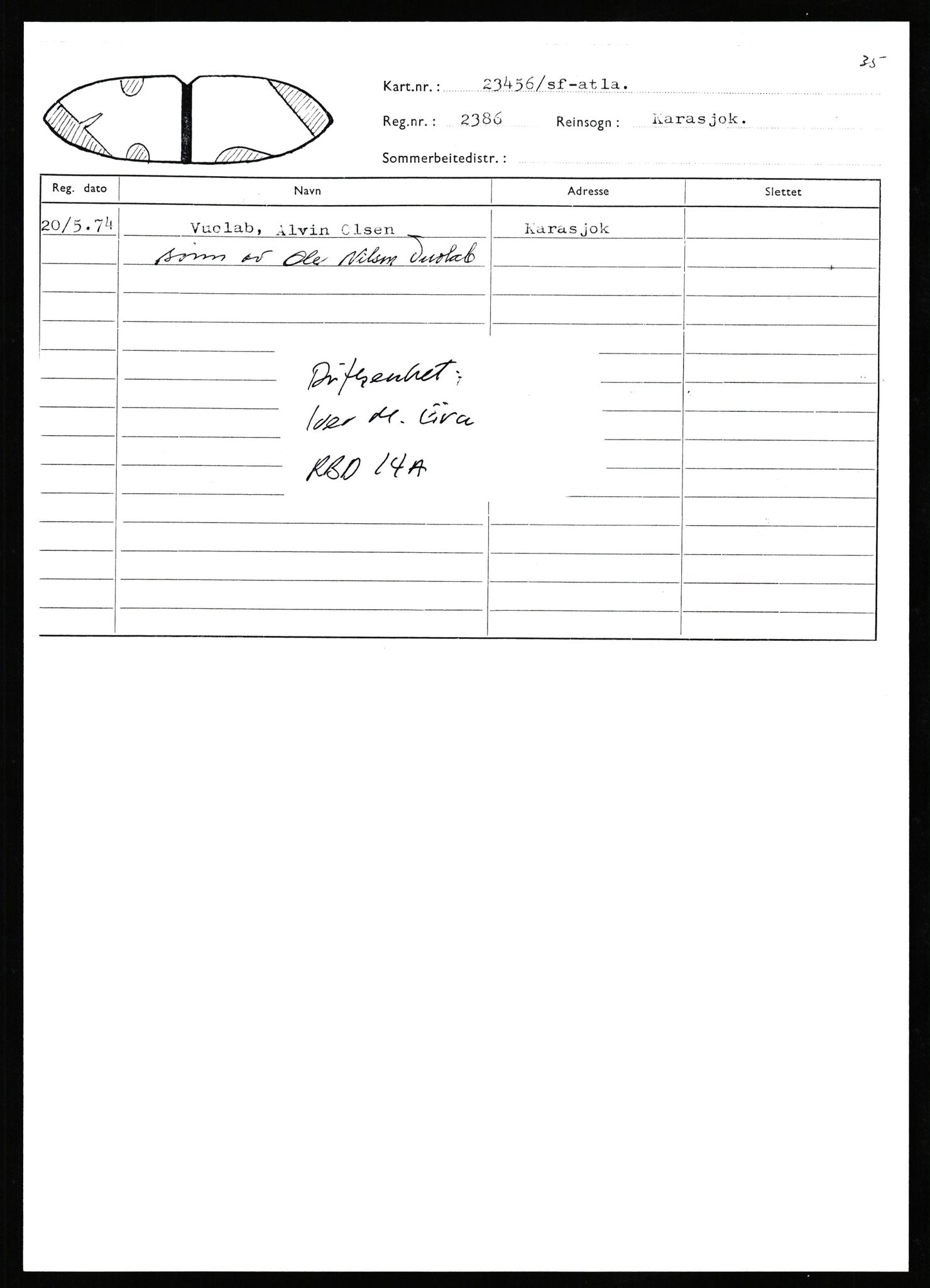 Lappefogden i Finnmark/Reindriftsforvaltningen Øst-Finnmark, AV/SATØ-S-1461/G/Ge/Gea/L0007: Slettede reinmerker: Karasjok, Kautokeino, Polmak og Varanger, 1934-1992, p. 7