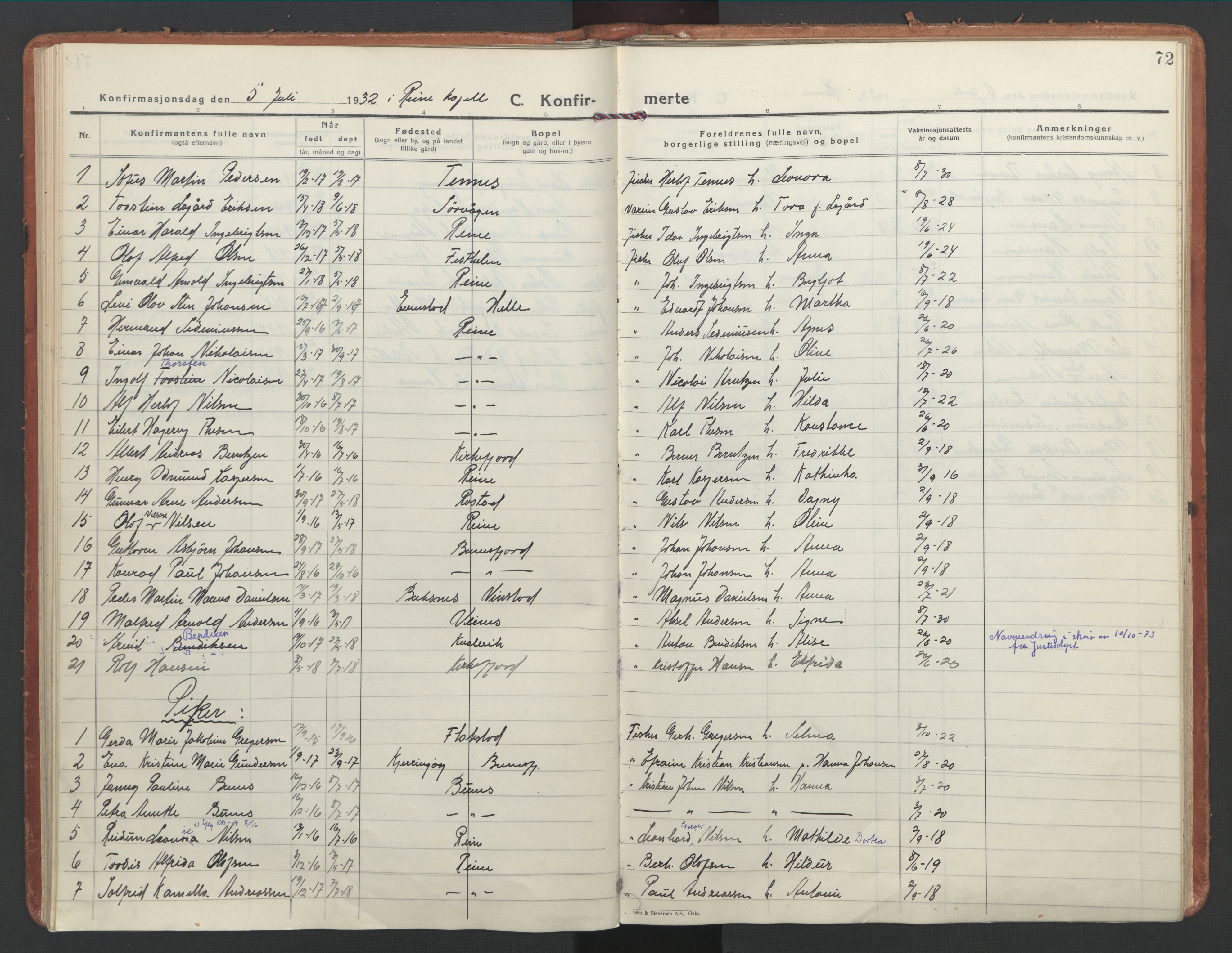 Ministerialprotokoller, klokkerbøker og fødselsregistre - Nordland, SAT/A-1459/886/L1223: Parish register (official) no. 886A05, 1926-1938, p. 72