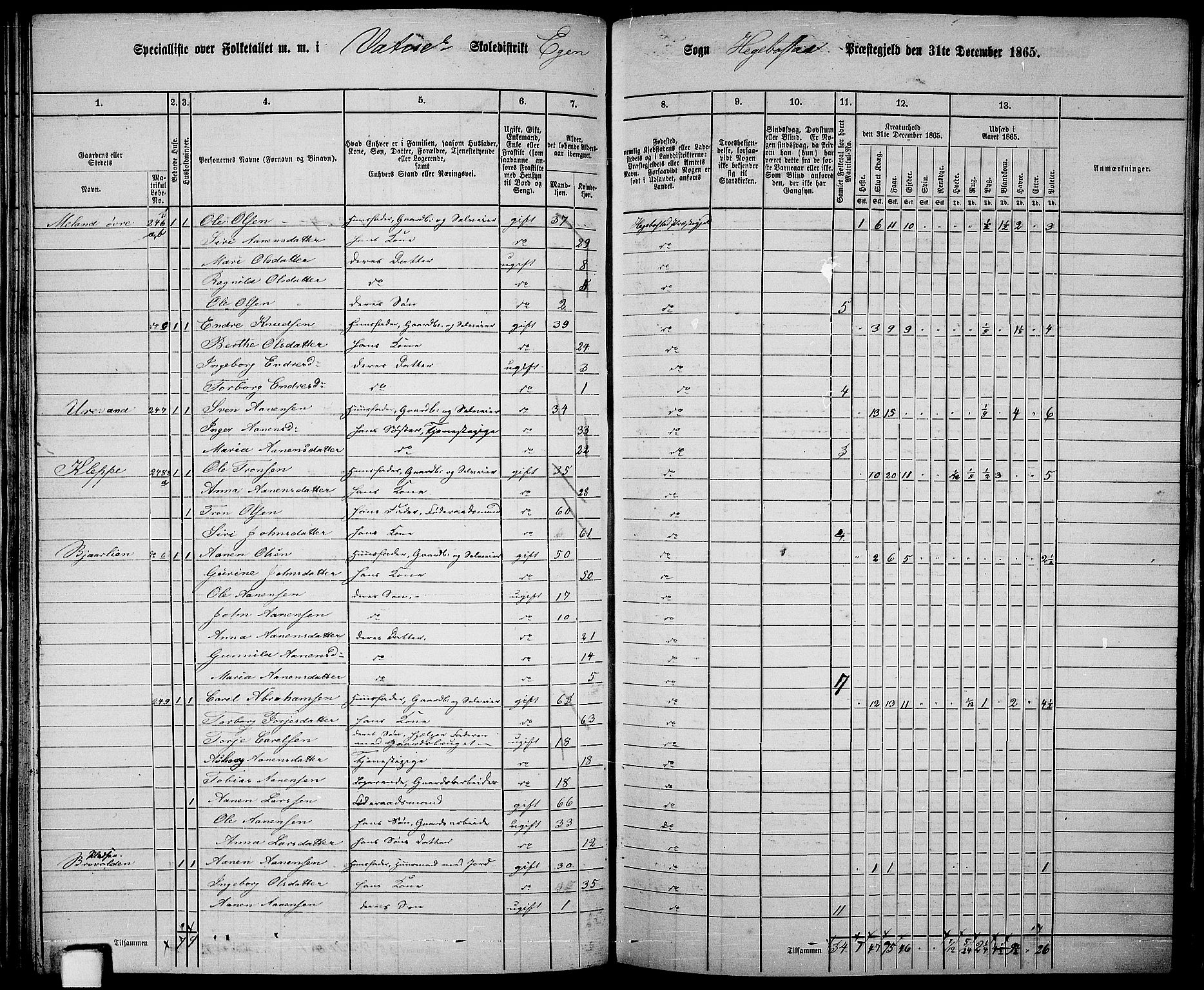 RA, 1865 census for Hægebostad, 1865, p. 73