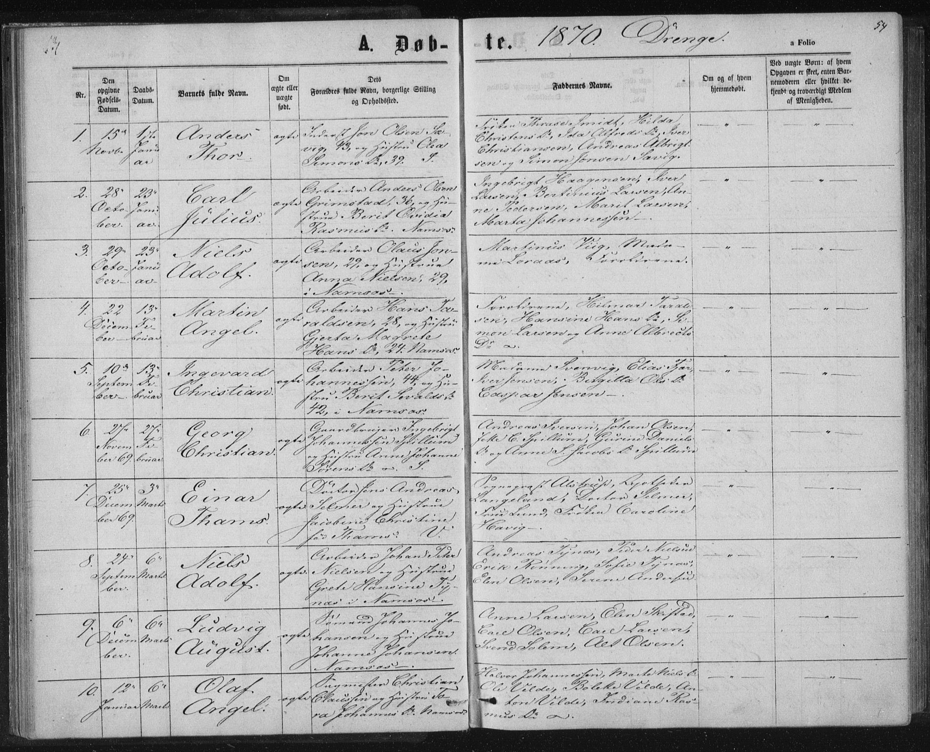 Ministerialprotokoller, klokkerbøker og fødselsregistre - Nord-Trøndelag, SAT/A-1458/768/L0570: Parish register (official) no. 768A05, 1865-1874, p. 54