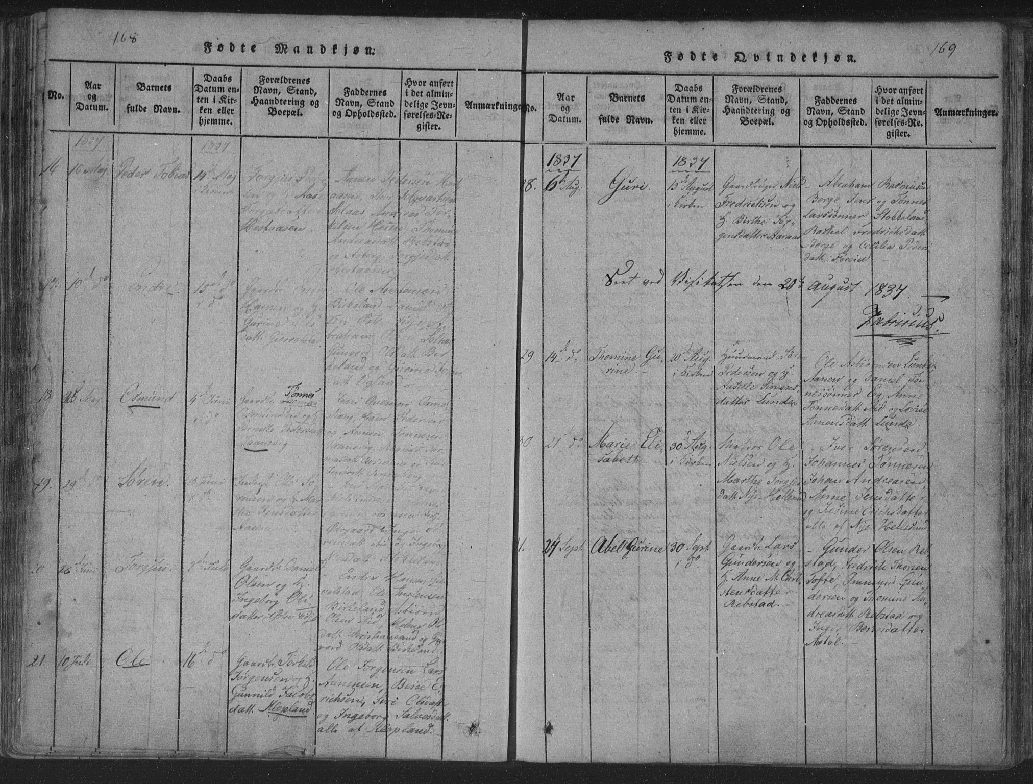 Søgne sokneprestkontor, AV/SAK-1111-0037/F/Fa/Fab/L0008: Parish register (official) no. A 8, 1821-1838, p. 168-169