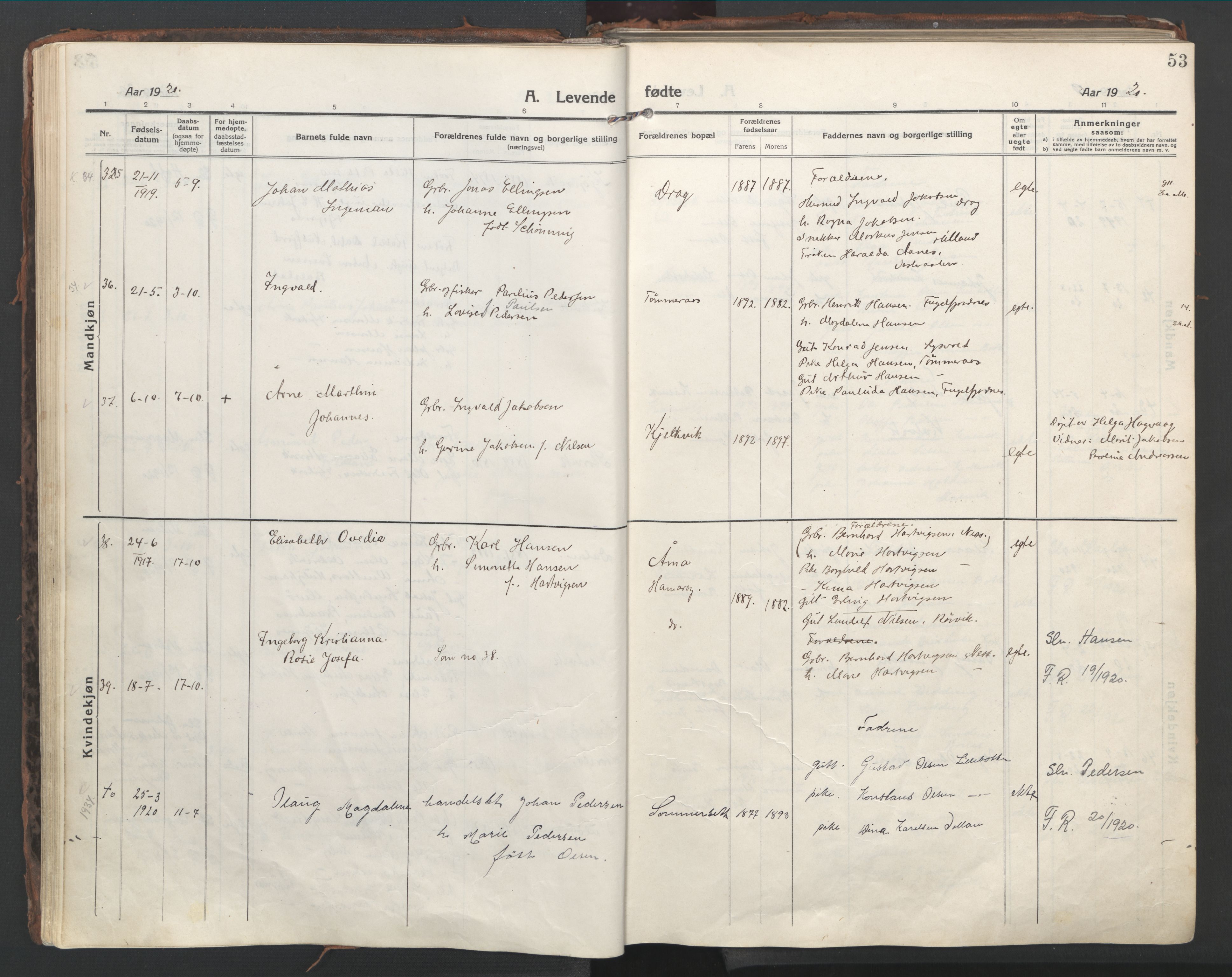 Ministerialprotokoller, klokkerbøker og fødselsregistre - Nordland, SAT/A-1459/861/L0872: Parish register (official) no. 861A07, 1915-1924, p. 53