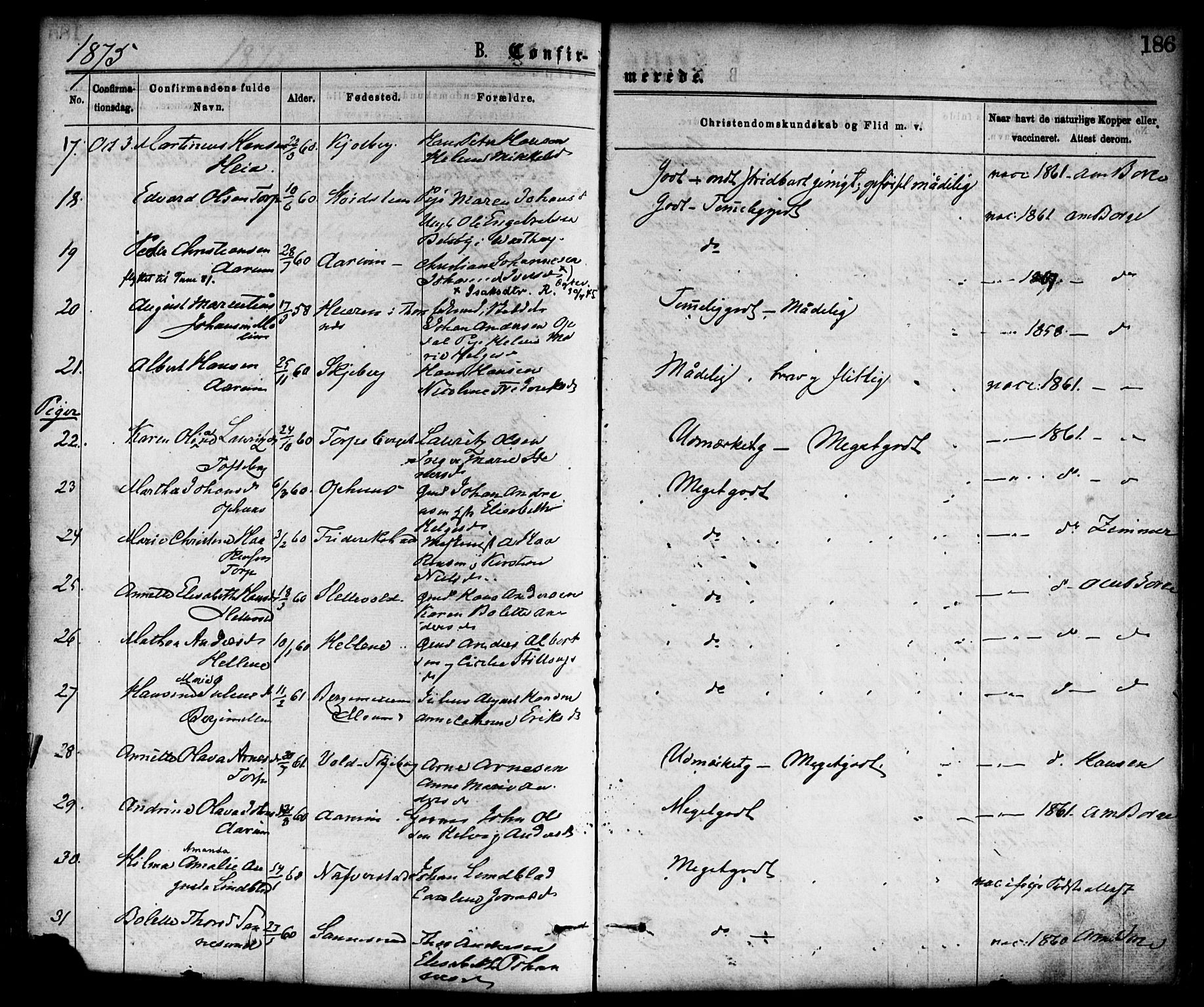 Borge prestekontor Kirkebøker, AV/SAO-A-10903/F/Fa/L0007: Parish register (official) no. I 7, 1875-1886, p. 186