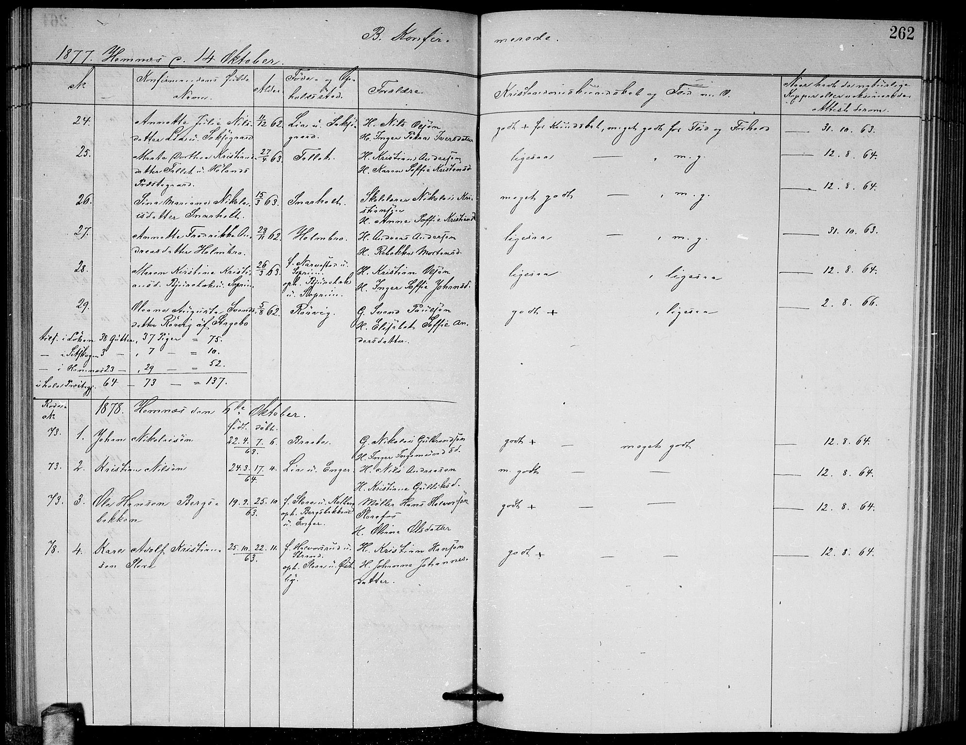 Høland prestekontor Kirkebøker, SAO/A-10346a/G/Ga/L0006: Parish register (copy) no. I 6, 1869-1879, p. 262