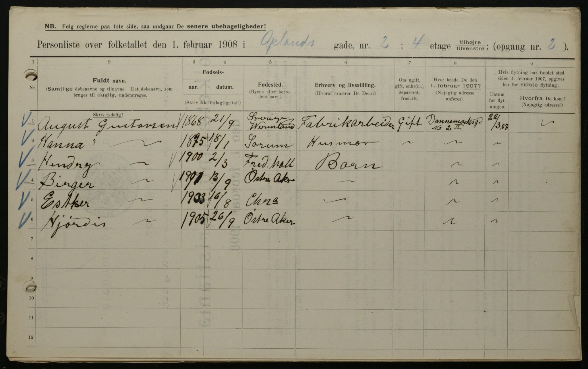 OBA, Municipal Census 1908 for Kristiania, 1908, p. 67872