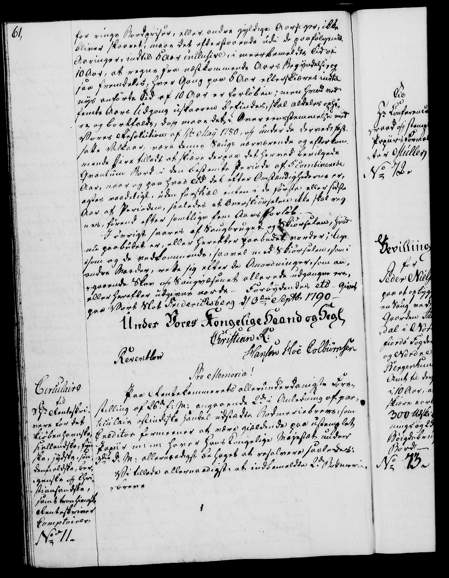 Rentekammeret, Kammerkanselliet, RA/EA-3111/G/Gg/Gga/L0015: Norsk ekspedisjonsprotokoll med register (merket RK 53.15), 1790-1791, p. 61