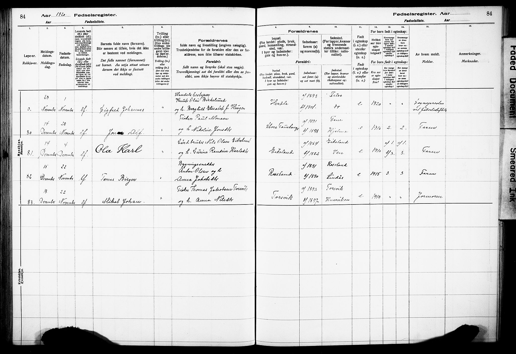 Herdla Sokneprestembete, AV/SAB-A-75701/I/Id/L00A1: Birth register no. A 1, 1916-1929, p. 84