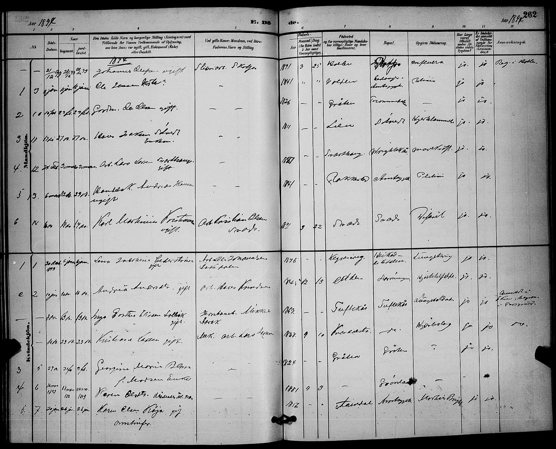 Solum kirkebøker, SAKO/A-306/G/Ga/L0007: Parish register (copy) no. I 7, 1884-1898, p. 262