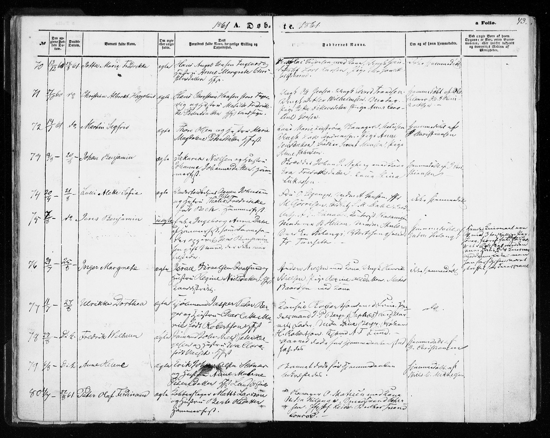 Hammerfest sokneprestkontor, AV/SATØ-S-1347/H/Ha/L0005.kirke: Parish register (official) no. 5, 1857-1869, p. 43