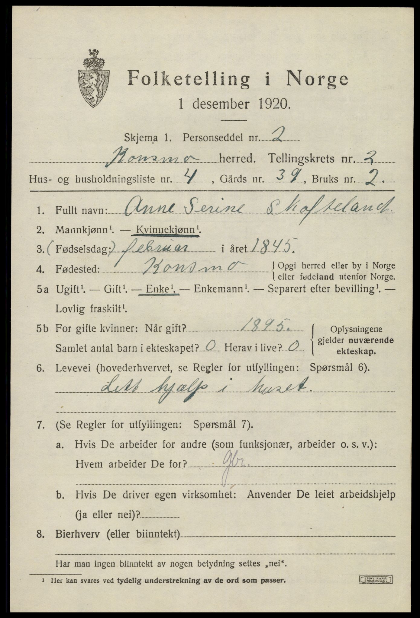 SAK, 1920 census for Konsmo, 1920, p. 998