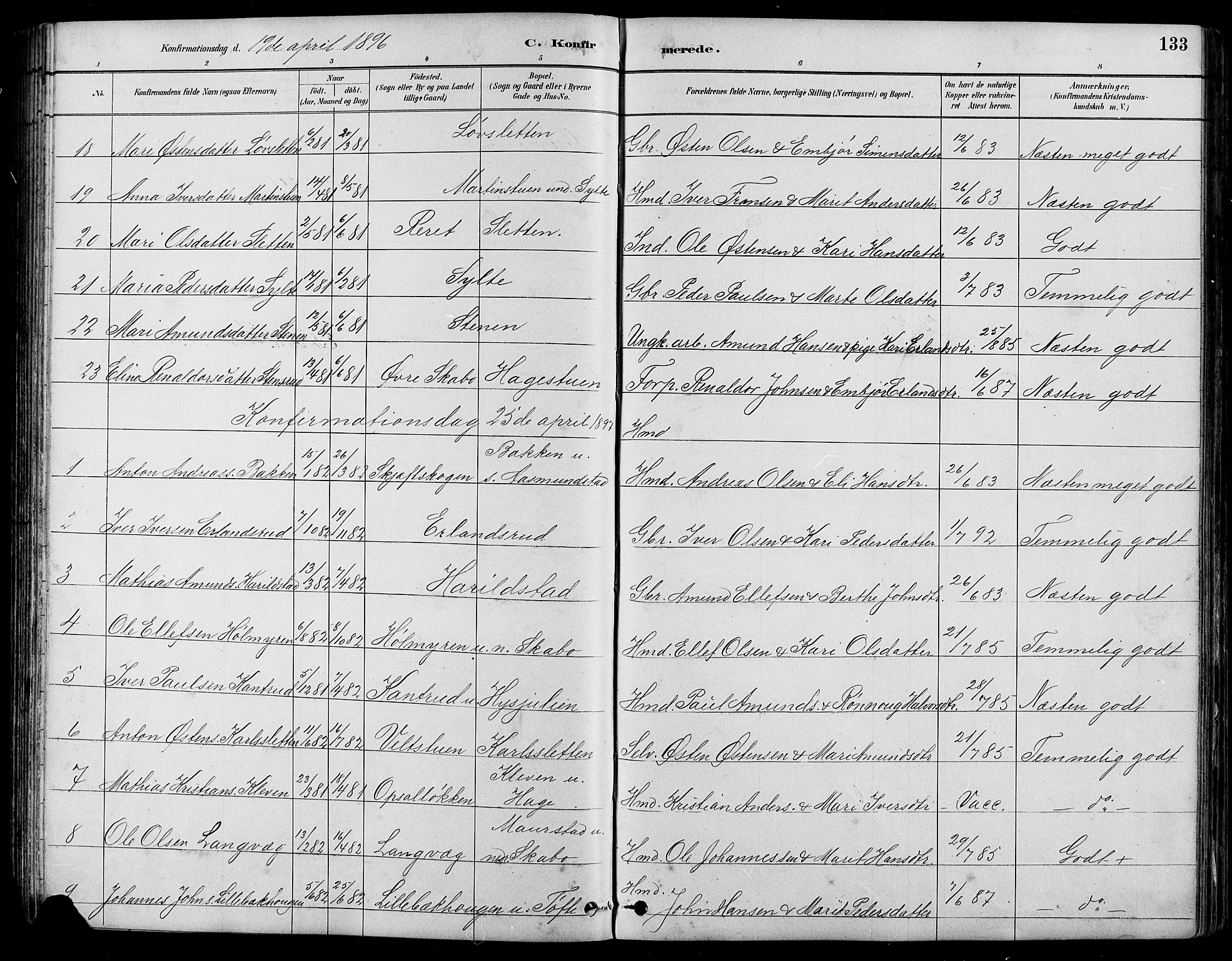Nord-Fron prestekontor, SAH/PREST-080/H/Ha/Hab/L0005: Parish register (copy) no. 5, 1884-1914, p. 133
