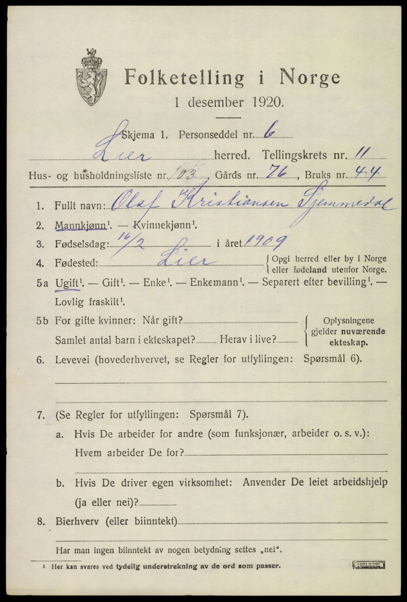 SAKO, 1920 census for Lier, 1920, p. 18494