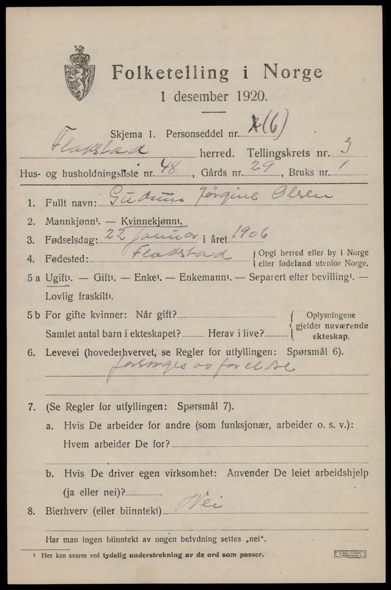 SAT, 1920 census for Flakstad, 1920, p. 2793