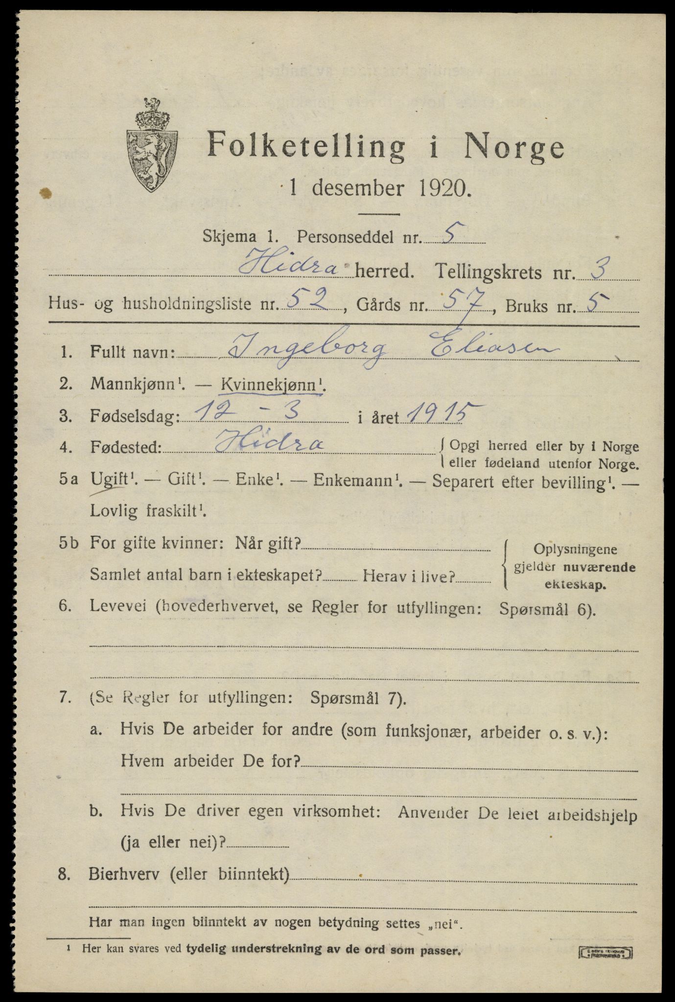 SAK, 1920 census for Hidra, 1920, p. 2080