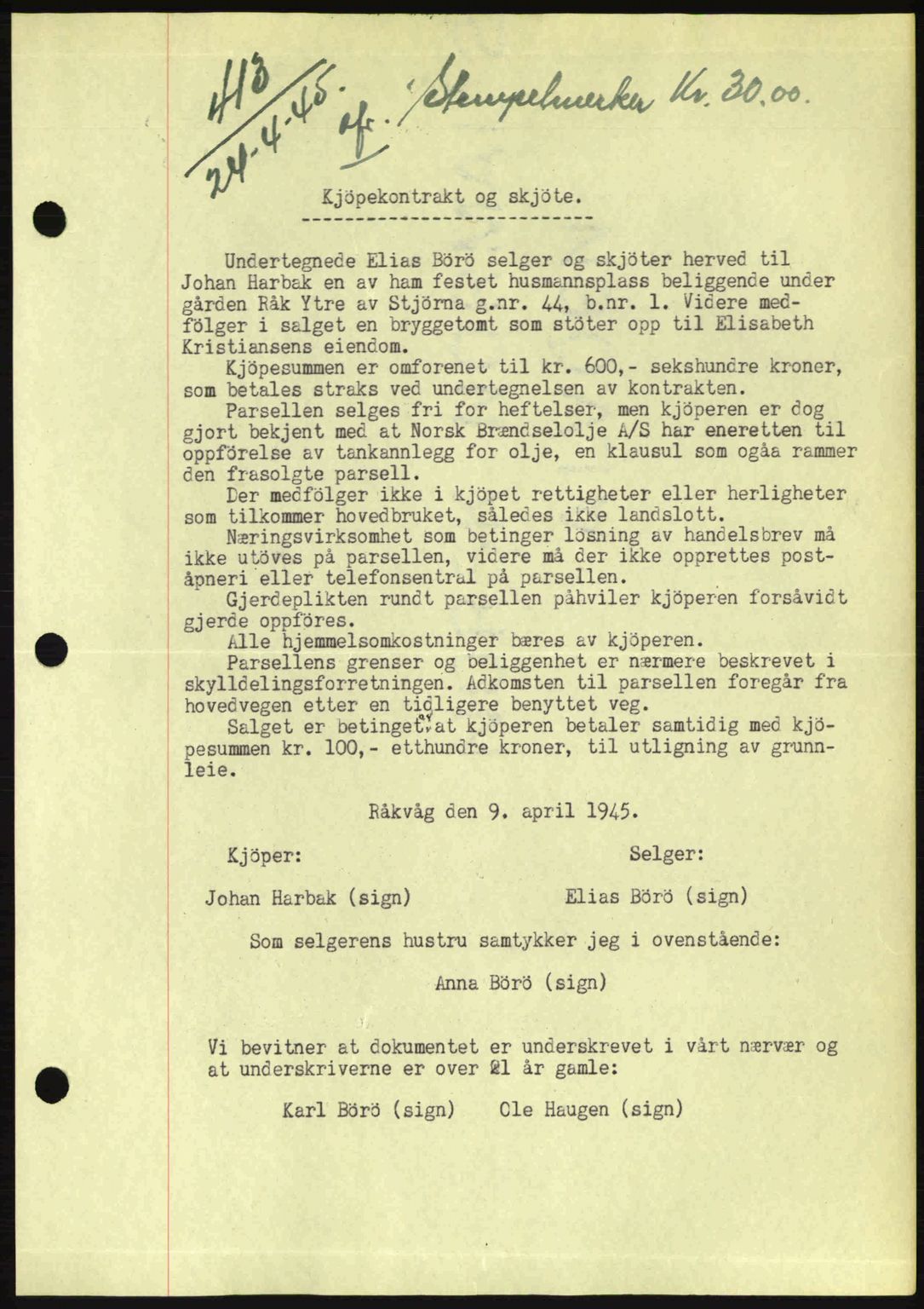Fosen sorenskriveri, AV/SAT-A-1107/1/2/2C: Mortgage book no. A3, 1943-1945, Diary no: : 413/1945