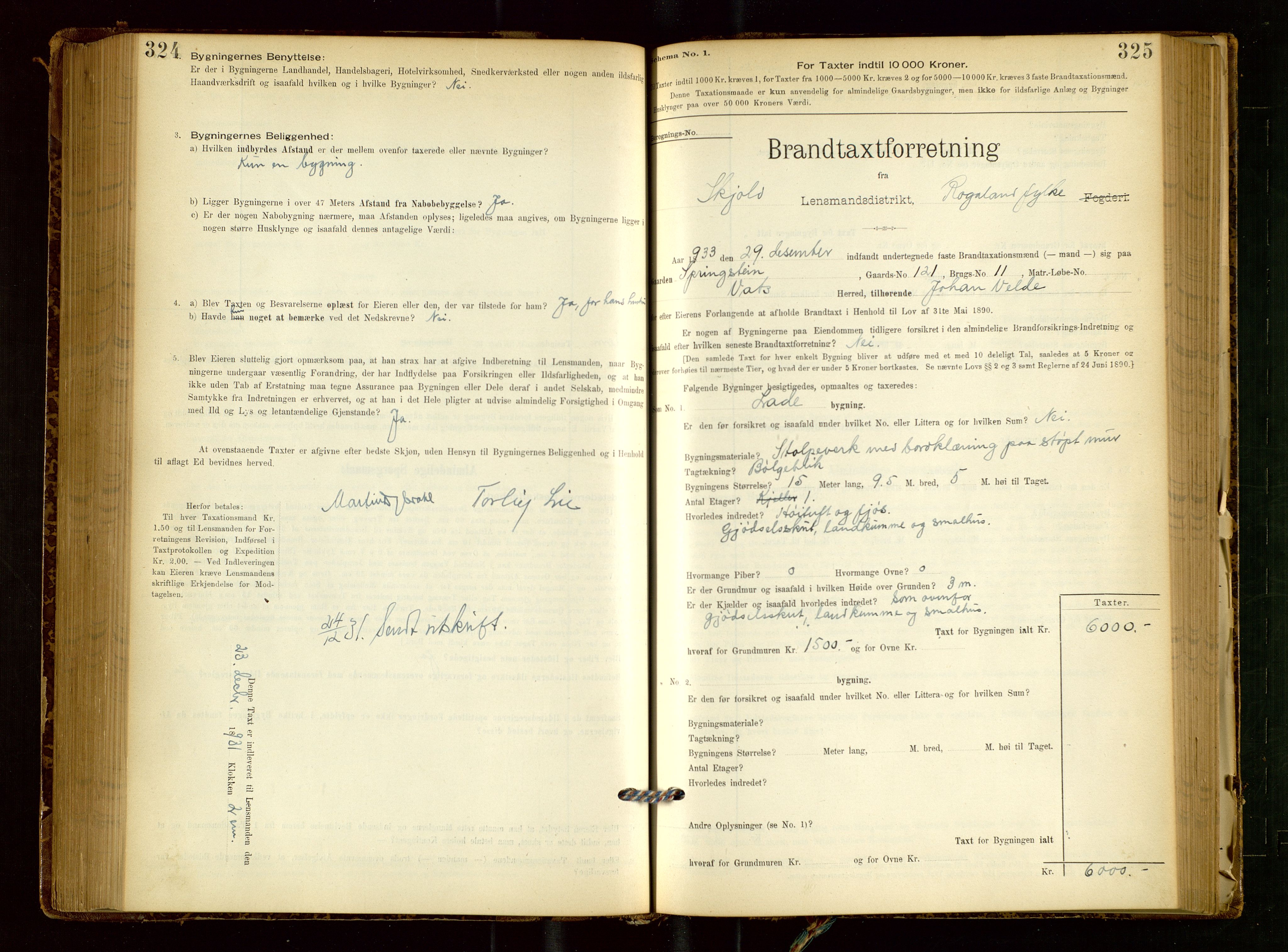 Skjold lensmannskontor, AV/SAST-A-100182/Gob/L0001: "Brandtaxationsprotokol for Skjold Lensmandsdistrikt Ryfylke Fogderi", 1894-1939, p. 324-325