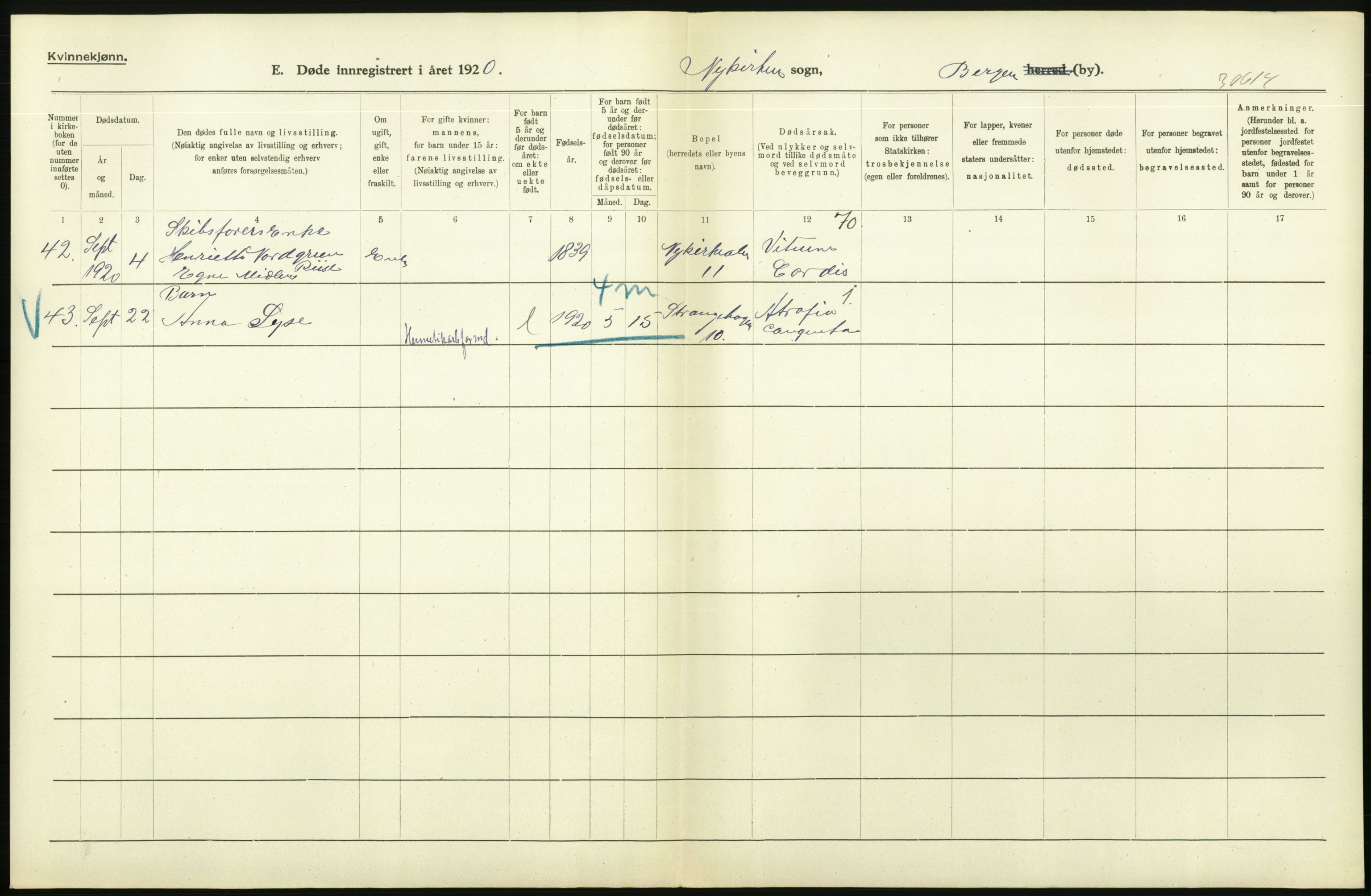 Statistisk sentralbyrå, Sosiodemografiske emner, Befolkning, AV/RA-S-2228/D/Df/Dfb/Dfbj/L0042: Bergen: Gifte, døde, dødfødte., 1920, p. 550