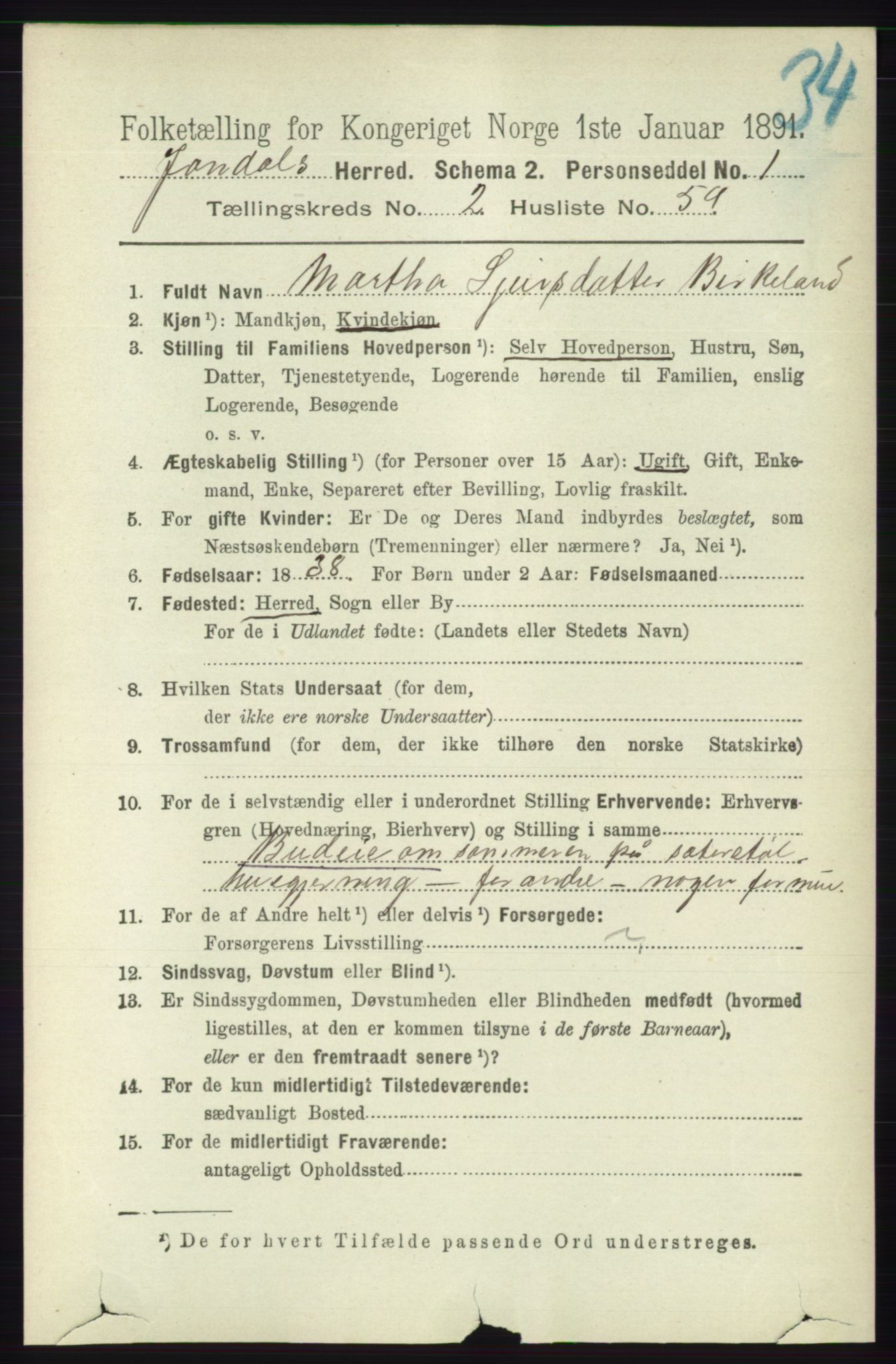 RA, 1891 census for 1227 Jondal, 1891, p. 1169