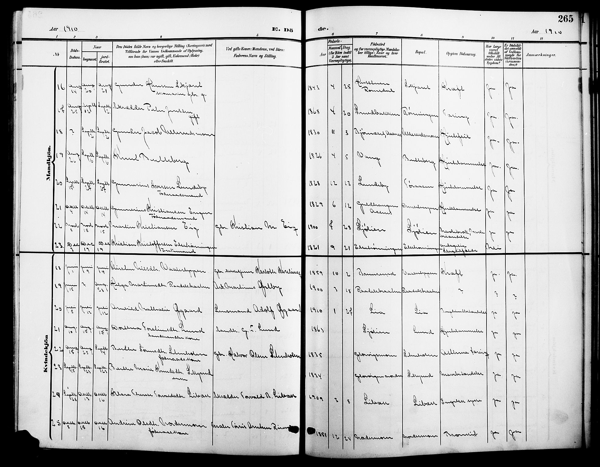 Våler prestekontor, Hedmark, SAH/PREST-040/H/Ha/Hab/L0002: Parish register (copy) no. 2, 1905-1915, p. 265