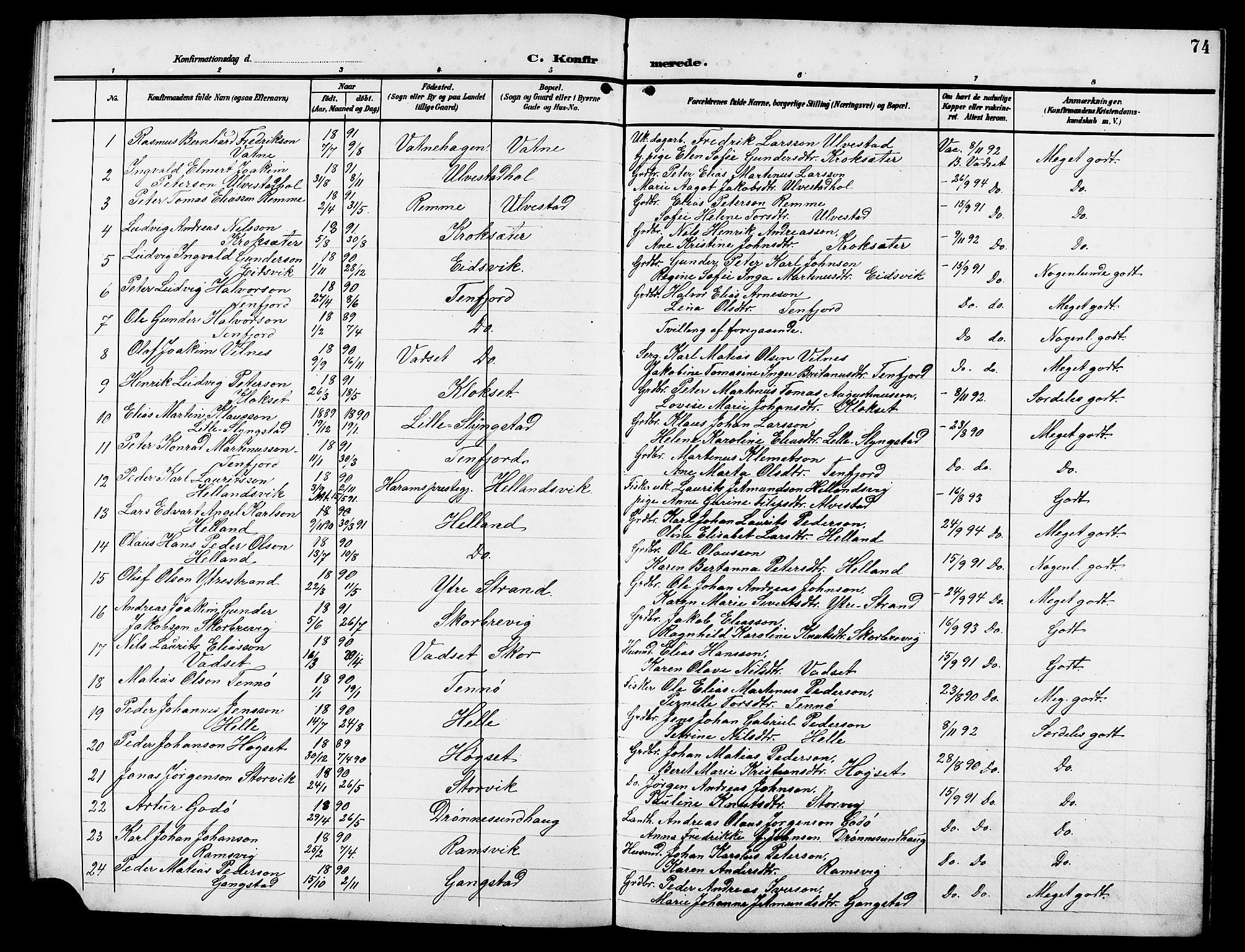 Ministerialprotokoller, klokkerbøker og fødselsregistre - Møre og Romsdal, SAT/A-1454/525/L0377: Parish register (copy) no. 525C03, 1903-1917, p. 74