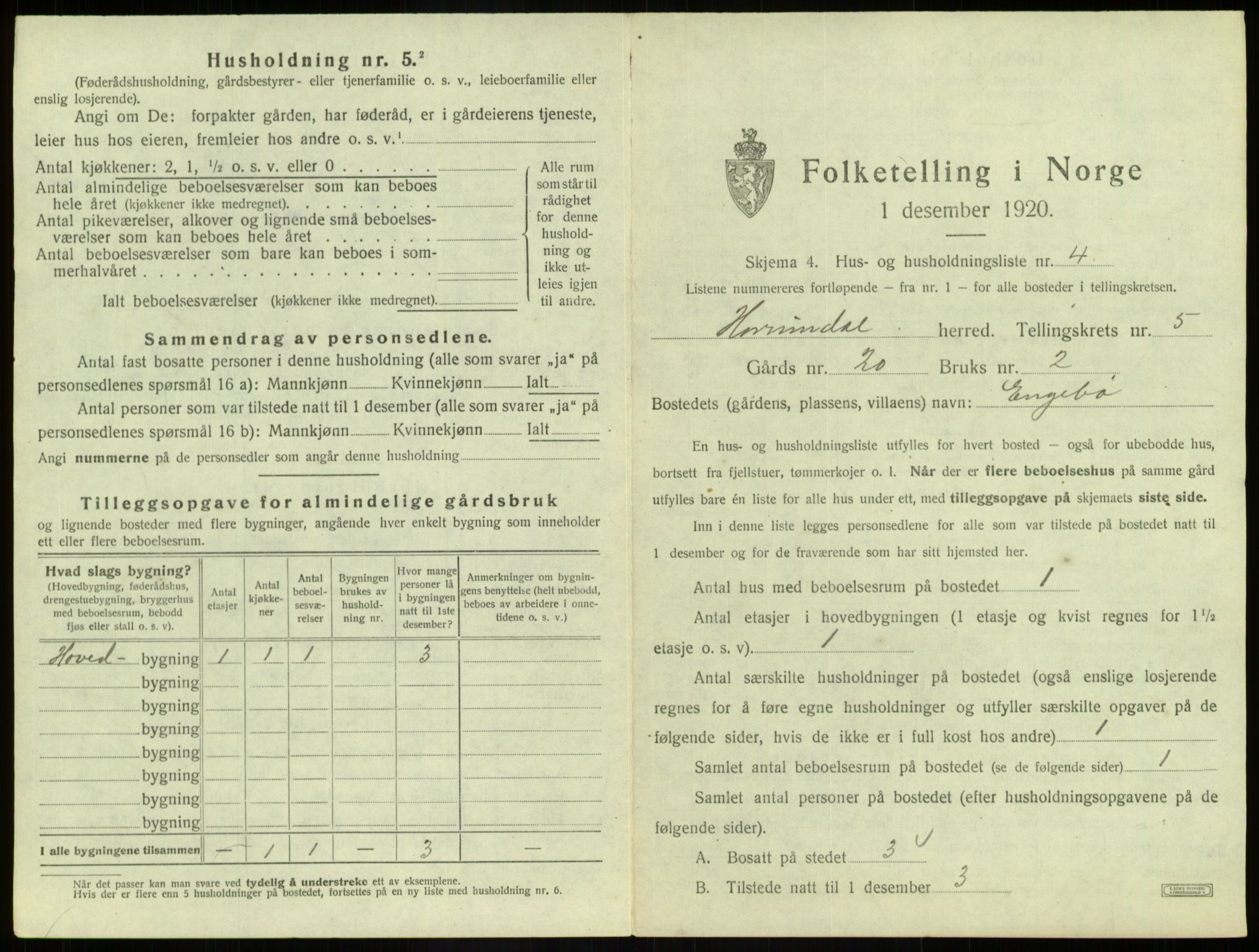 SAB, 1920 census for Hornindal, 1920, p. 313