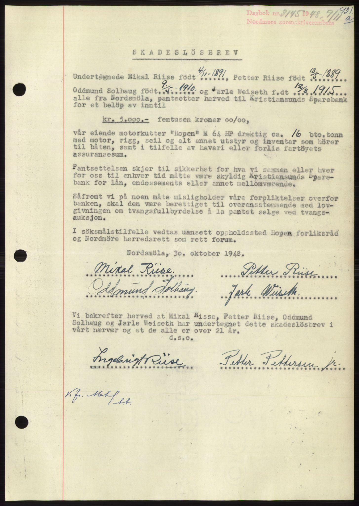 Nordmøre sorenskriveri, AV/SAT-A-4132/1/2/2Ca: Mortgage book no. B99, 1948-1948, Diary no: : 3145/1948