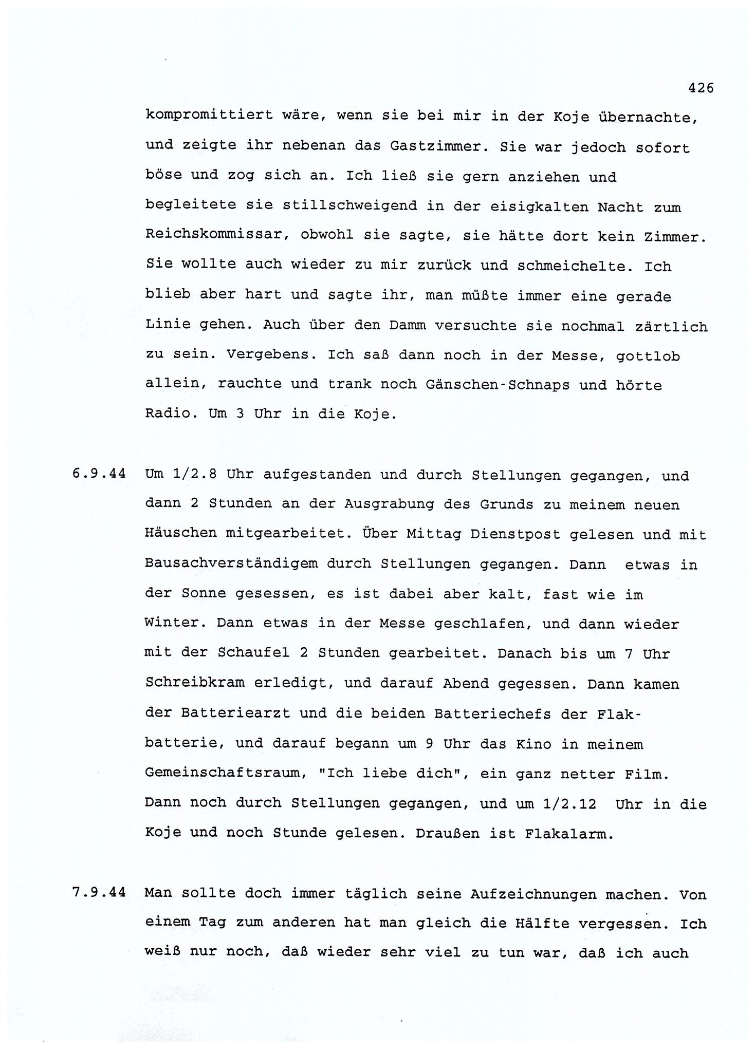 Dagbokopptegnelser av en tysk marineoffiser stasjonert i Norge , FMFB/A-1160/F/L0001: Dagbokopptegnelser av en tysk marineoffiser stasjonert i Norge, 1941-1944, p. 426