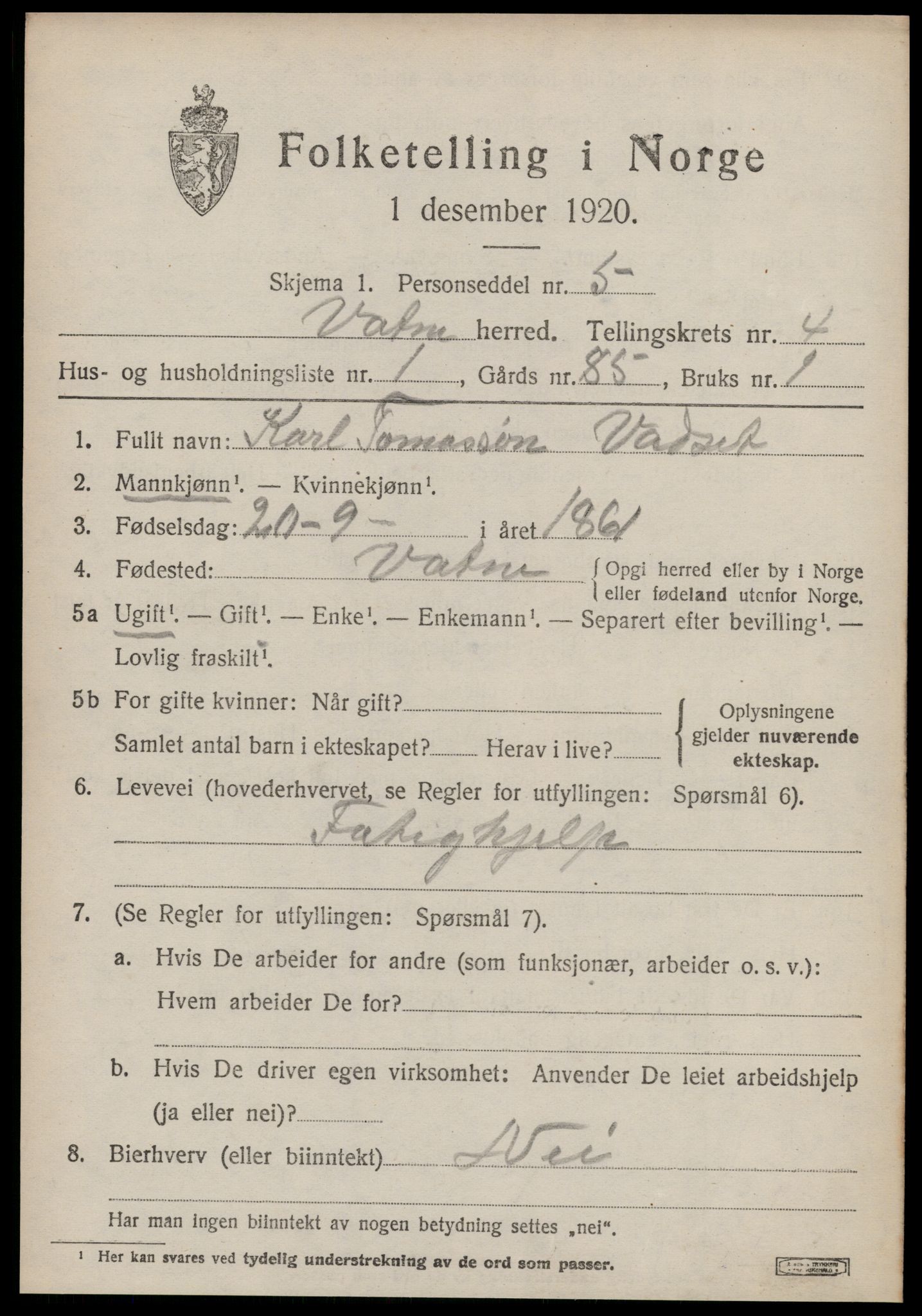 SAT, 1920 census for Vatne, 1920, p. 1820