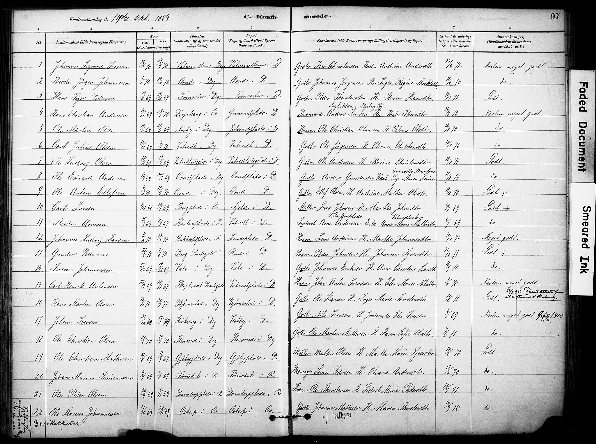 Rakkestad prestekontor Kirkebøker, AV/SAO-A-2008/F/Fb/L0001: Parish register (official) no. II 1, 1878-1899, p. 97