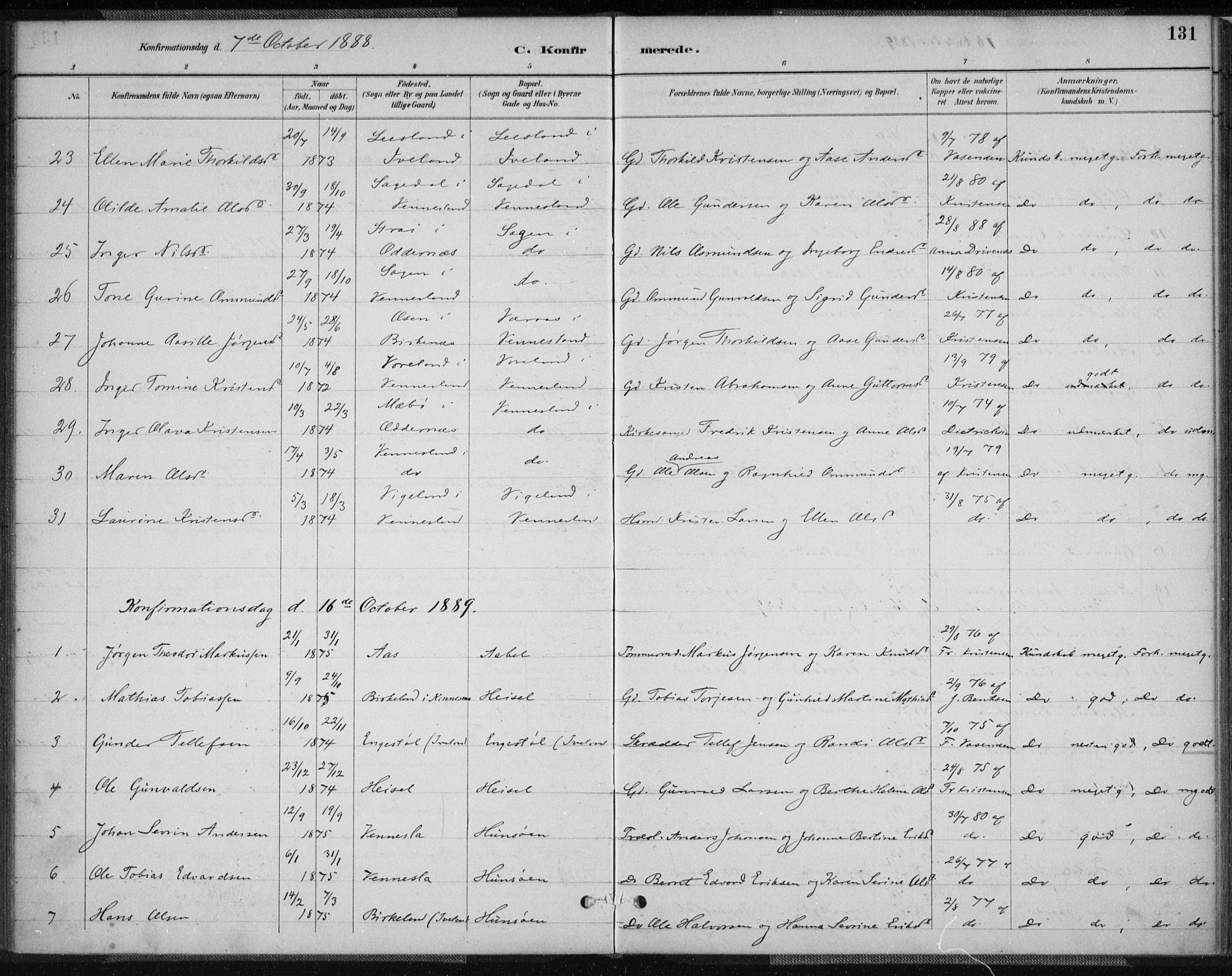 Vennesla sokneprestkontor, AV/SAK-1111-0045/Fa/Fab/L0004: Parish register (official) no. A 4, 1884-1896, p. 131