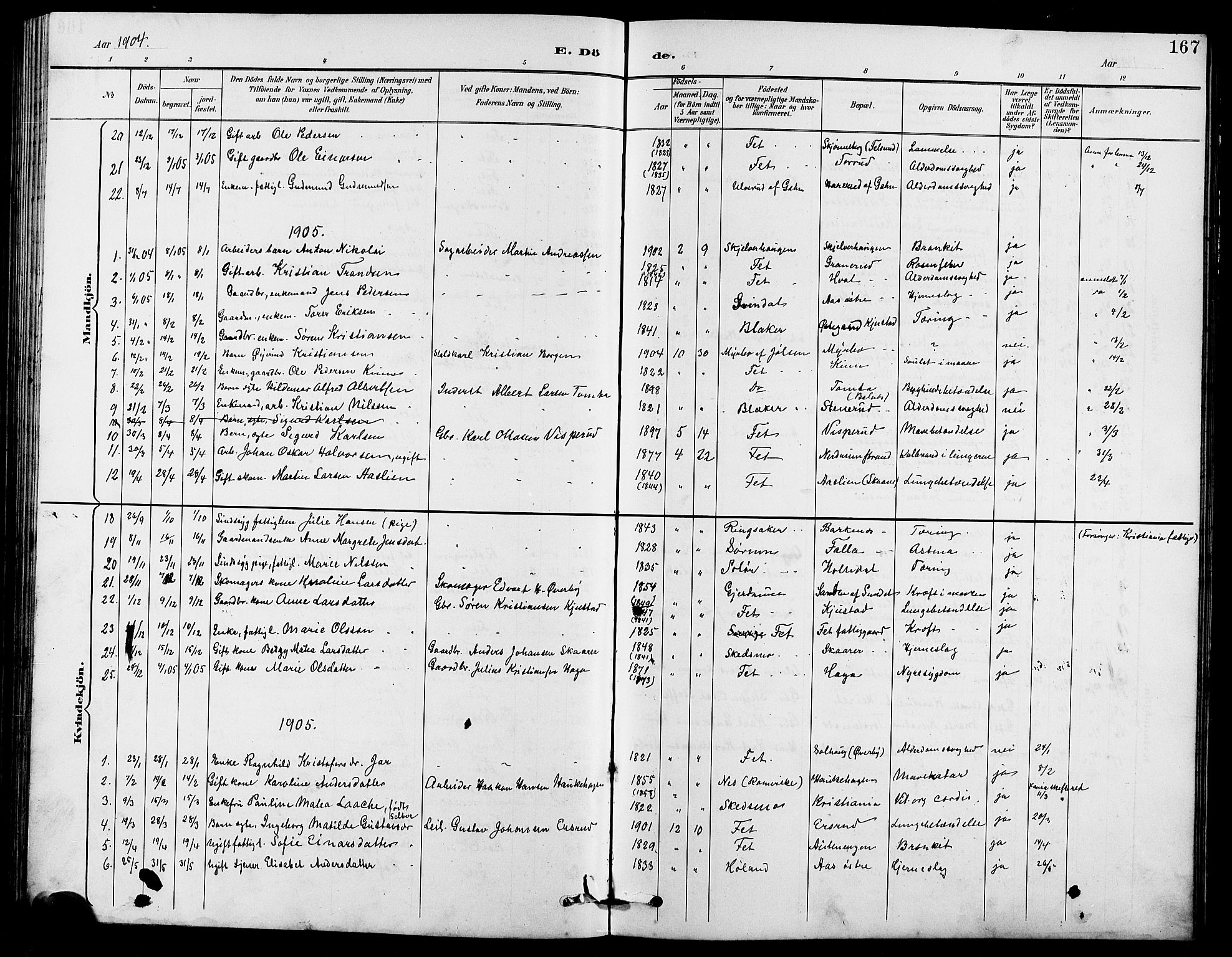 Fet prestekontor Kirkebøker, AV/SAO-A-10370a/G/Ga/L0007: Parish register (copy) no. I 7, 1892-1906, p. 167