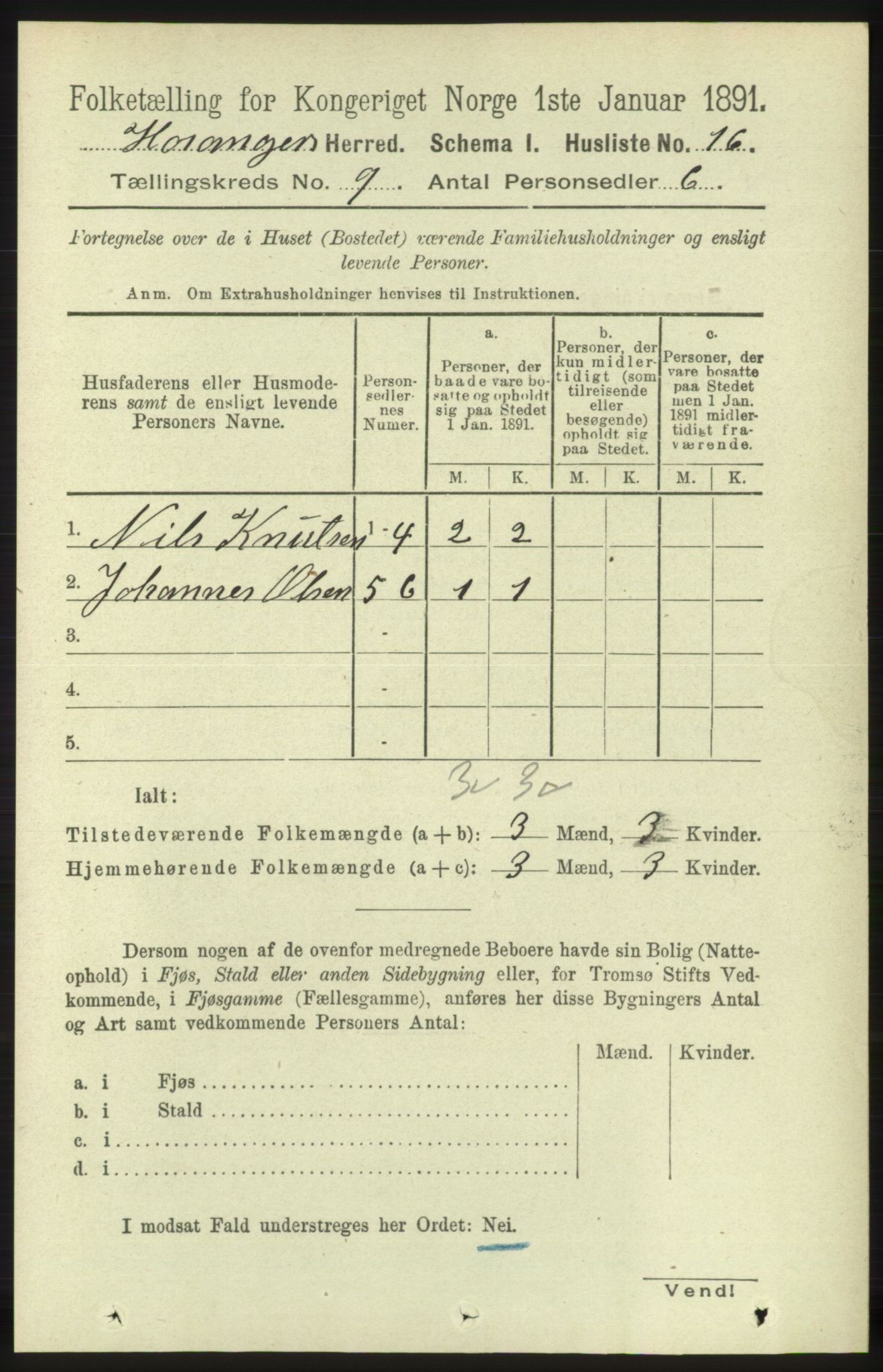 RA, 1891 census for 1253 Hosanger, 1891, p. 3285