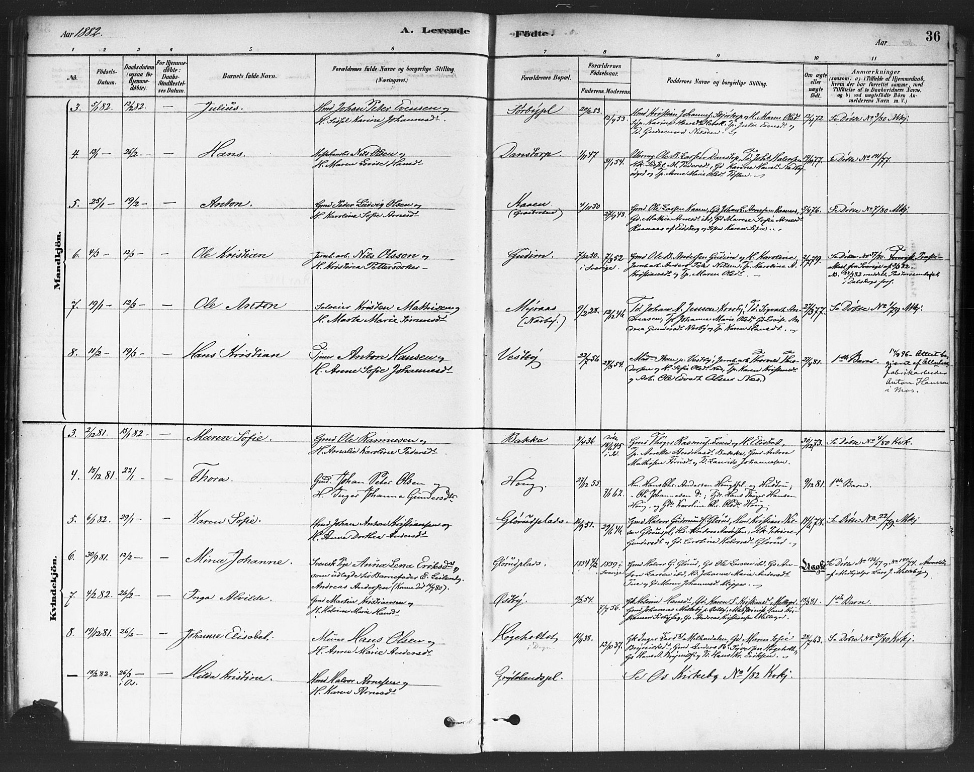 Rakkestad prestekontor Kirkebøker, AV/SAO-A-2008/F/Fa/L0012: Parish register (official) no. I 12, 1878-1893, p. 36