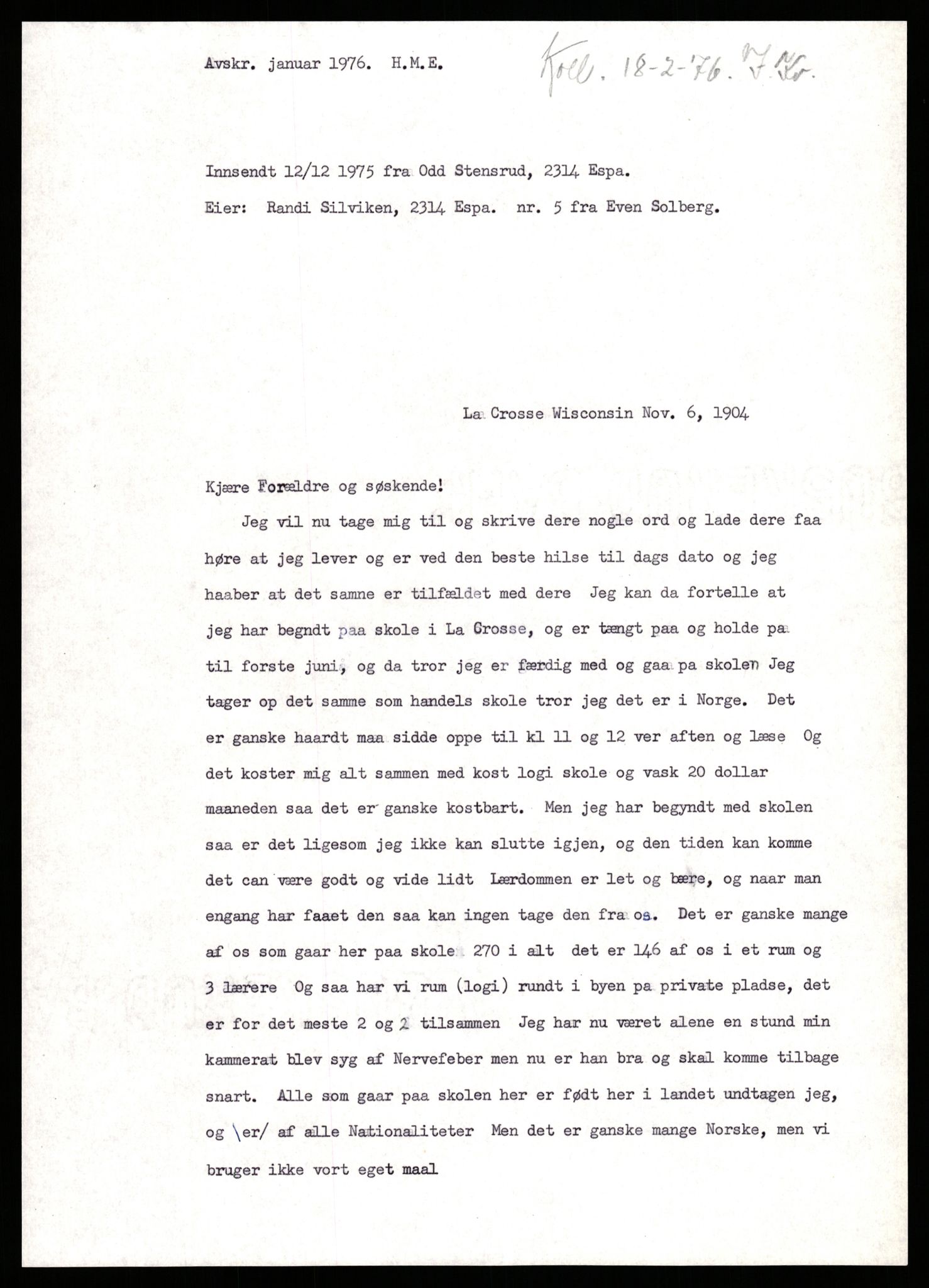 Samlinger til kildeutgivelse, Amerikabrevene, AV/RA-EA-4057/F/L0009: Innlån fra Hedmark: Statsarkivet i Hamar - Wærenskjold, 1838-1914, p. 203