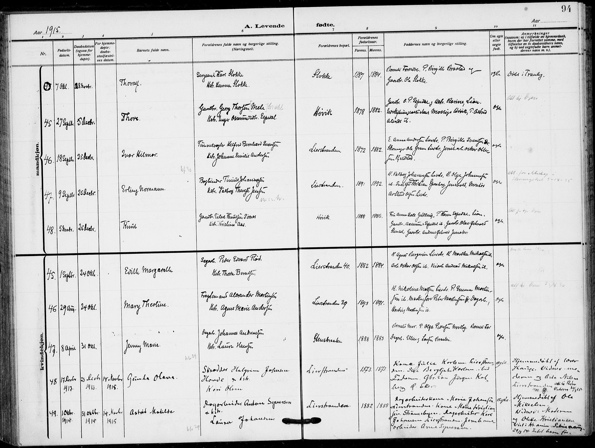 Lier kirkebøker, AV/SAKO-A-230/F/Fa/L0018: Parish register (official) no. I 18, 1909-1917, p. 94