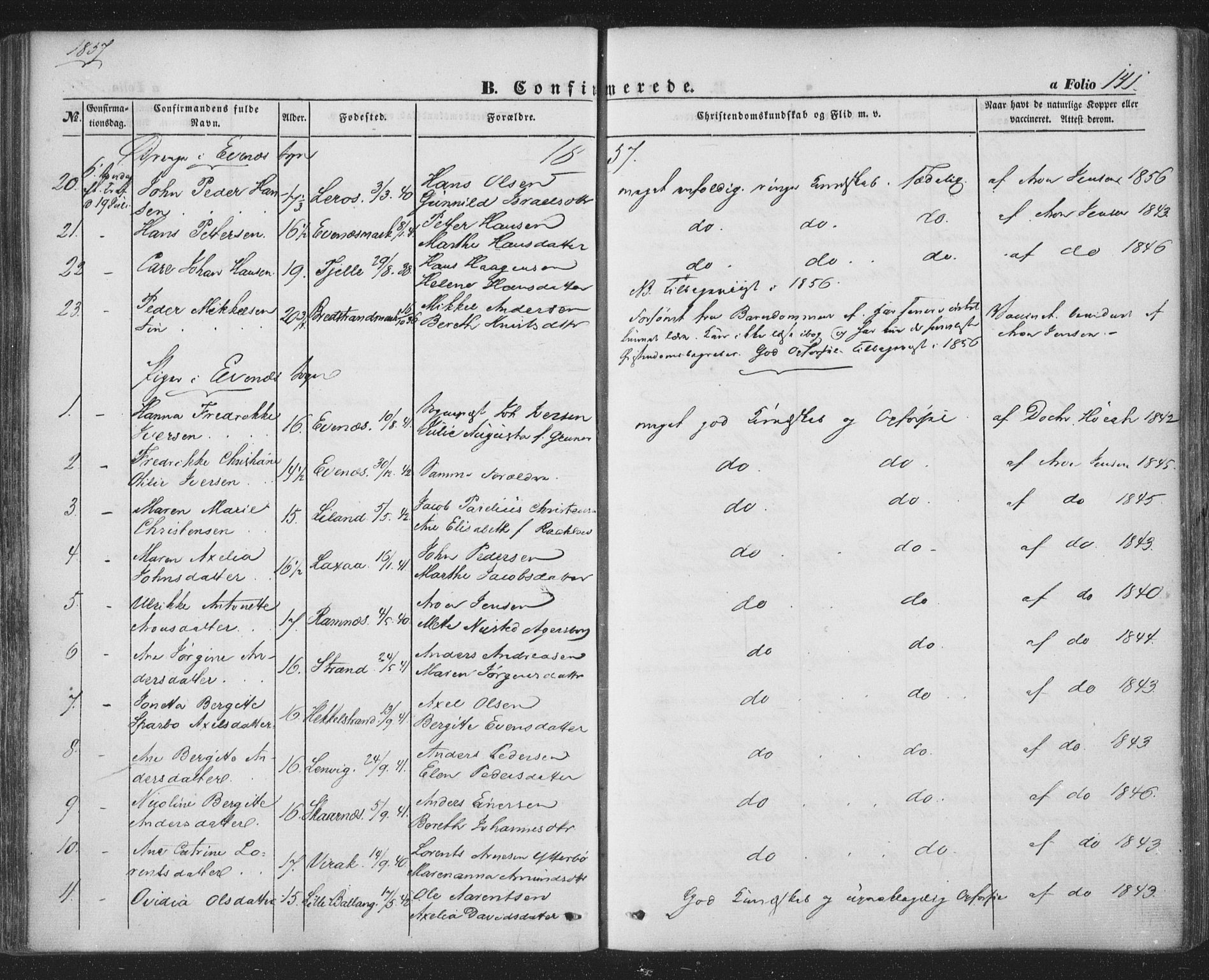 Ministerialprotokoller, klokkerbøker og fødselsregistre - Nordland, AV/SAT-A-1459/863/L0895: Parish register (official) no. 863A07, 1851-1860, p. 141