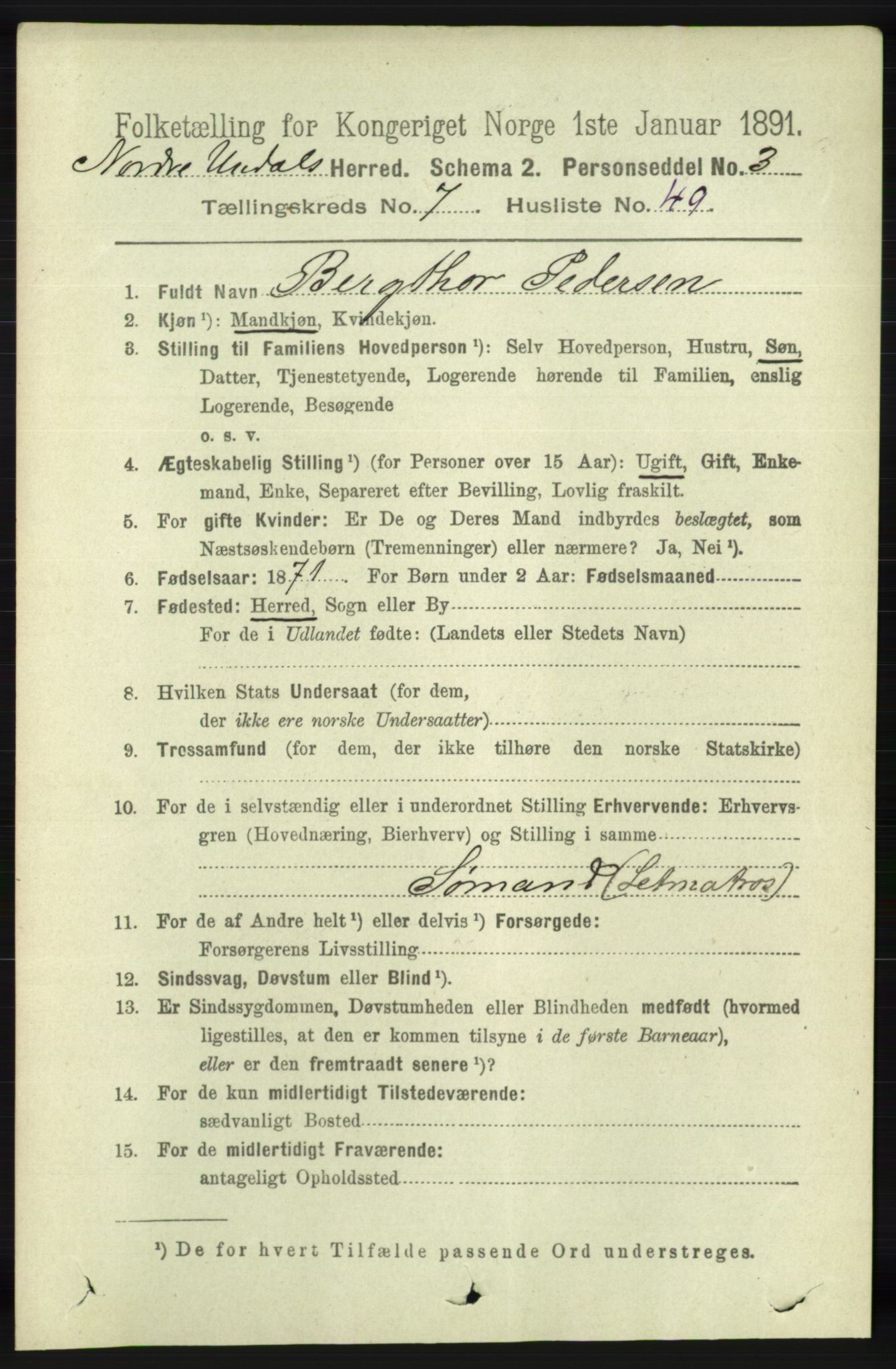 RA, 1891 census for 1028 Nord-Audnedal, 1891, p. 2065