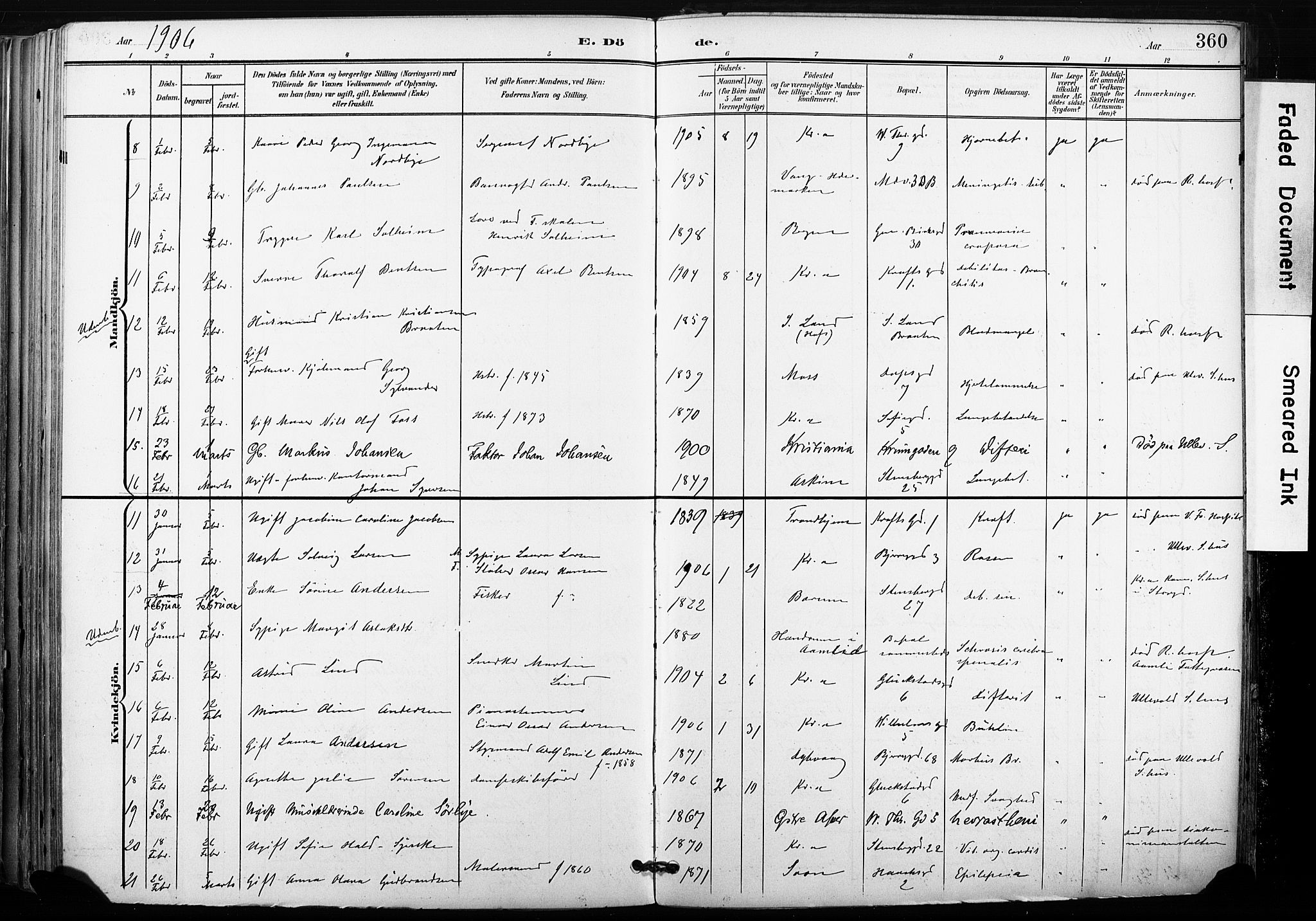Gamle Aker prestekontor Kirkebøker, SAO/A-10617a/F/L0013: Parish register (official) no. 13, 1901-1908, p. 360