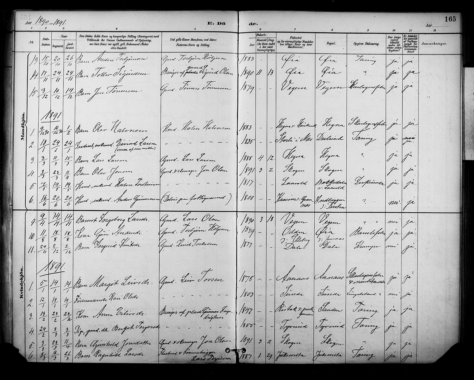 Sauherad kirkebøker, AV/SAKO-A-298/F/Fa/L0009: Parish register (official) no. I 9, 1887-1912, p. 165