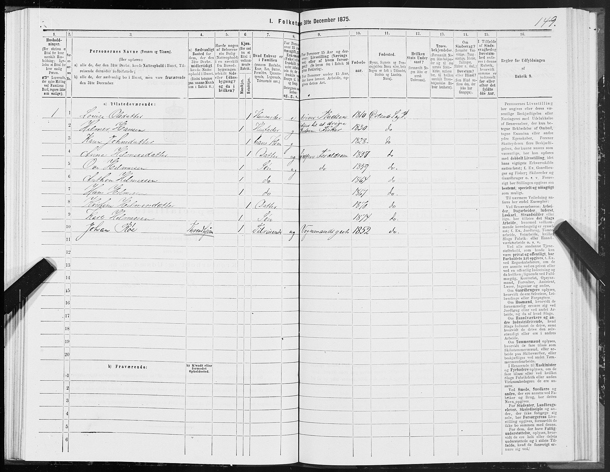 SAT, 1875 census for 1621P Ørland, 1875, p. 2149
