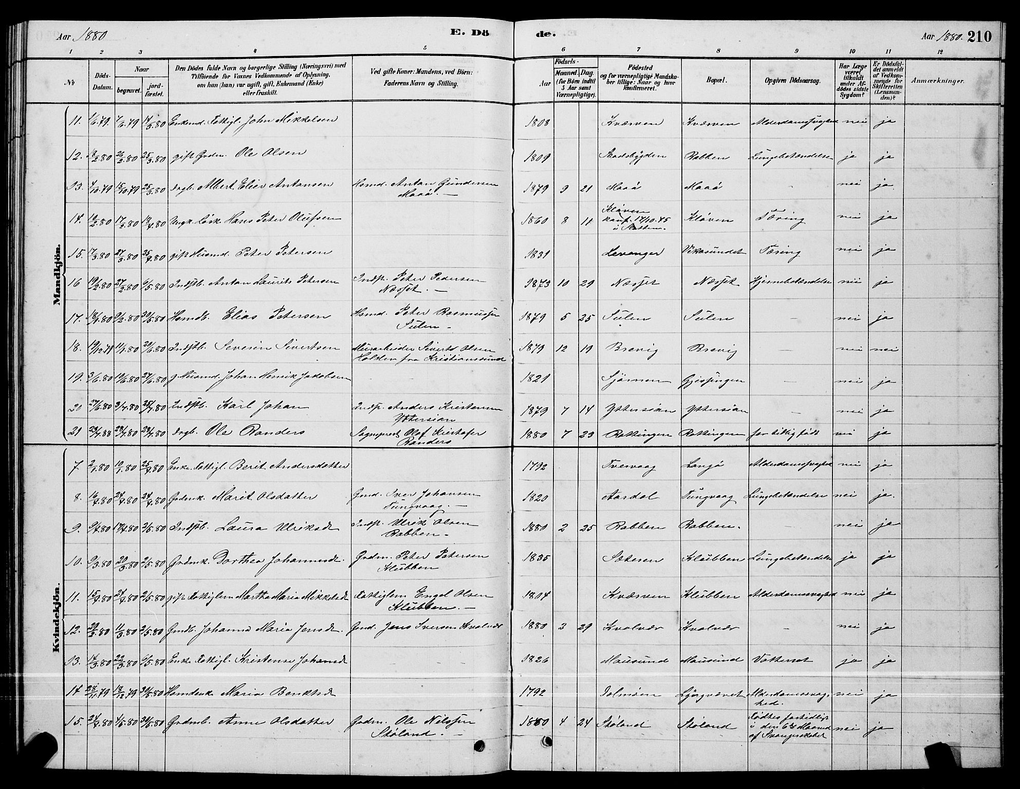 Ministerialprotokoller, klokkerbøker og fødselsregistre - Sør-Trøndelag, AV/SAT-A-1456/640/L0585: Parish register (copy) no. 640C03, 1878-1891, p. 210