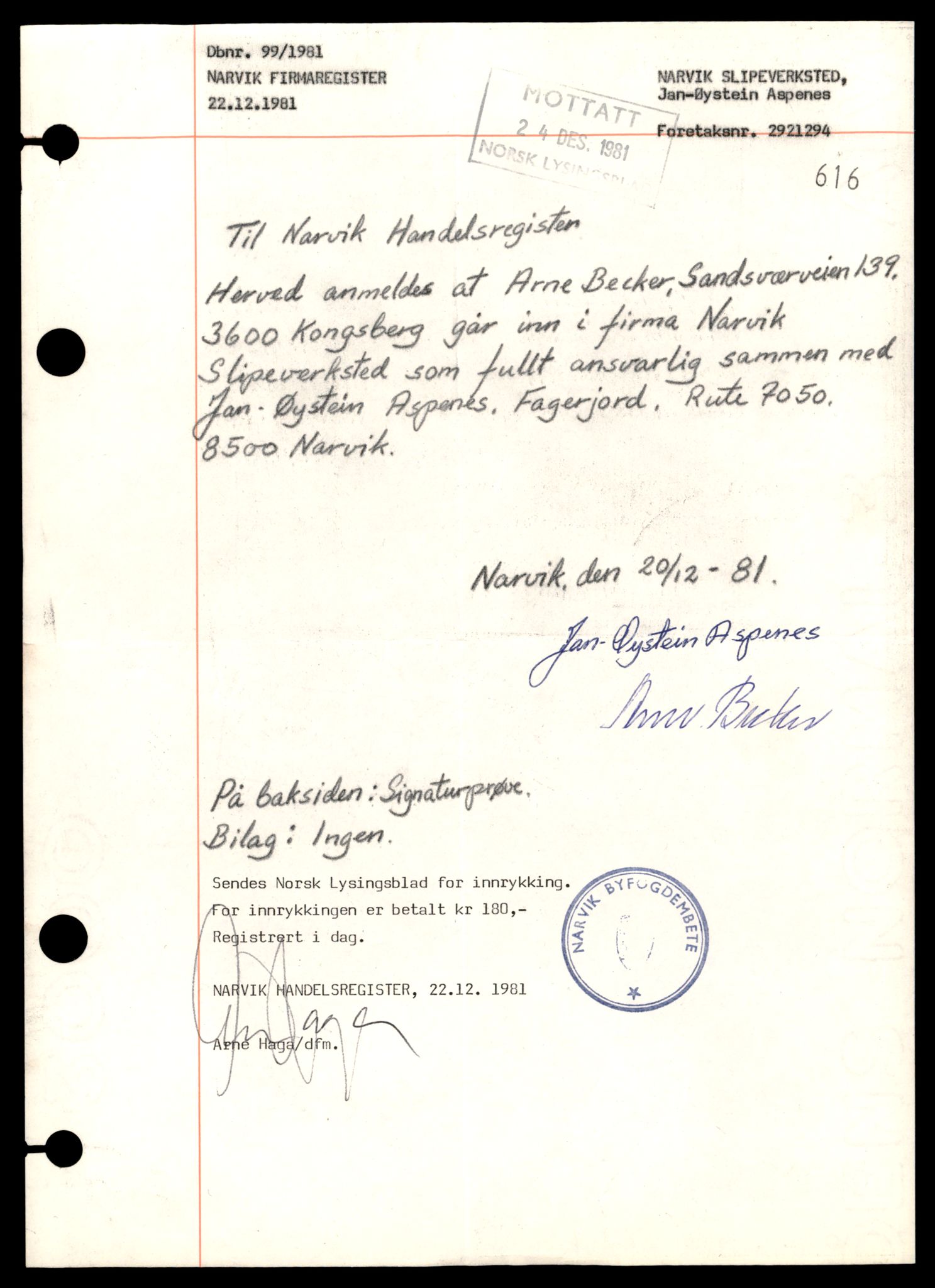 Narvik sorenskriveri, SAT/A-0002/2/J/Jd/Jdd/L0005: Enkeltmannsforetak, Na - R, 1967-1989, p. 1