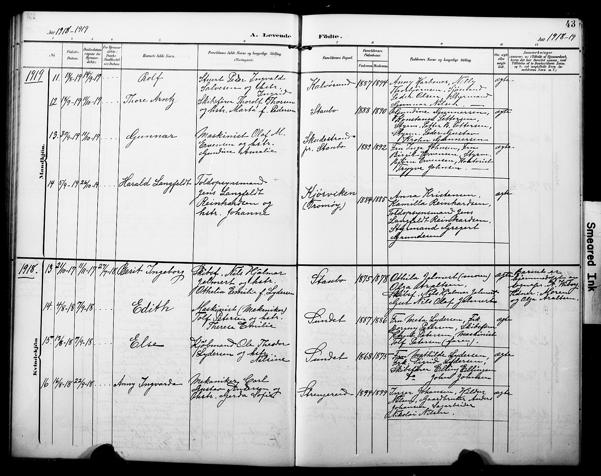 Dypvåg sokneprestkontor, AV/SAK-1111-0007/F/Fb/Fbb/L0005: Parish register (copy) no. B 5, 1905-1924, p. 43